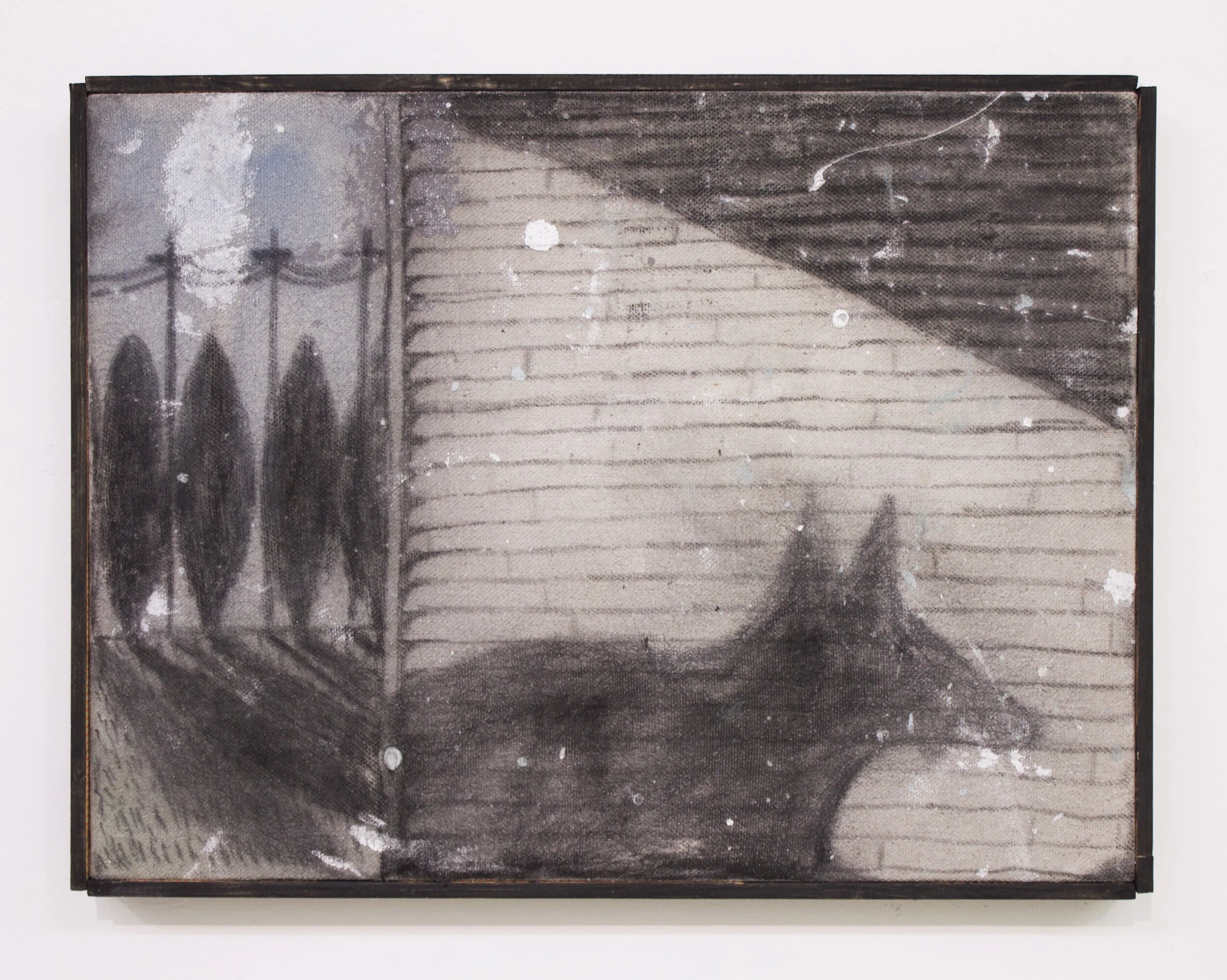  Night Dog, 2019  Milk paint, charcoal, found drop cloth, wood ruler  12”x16” 