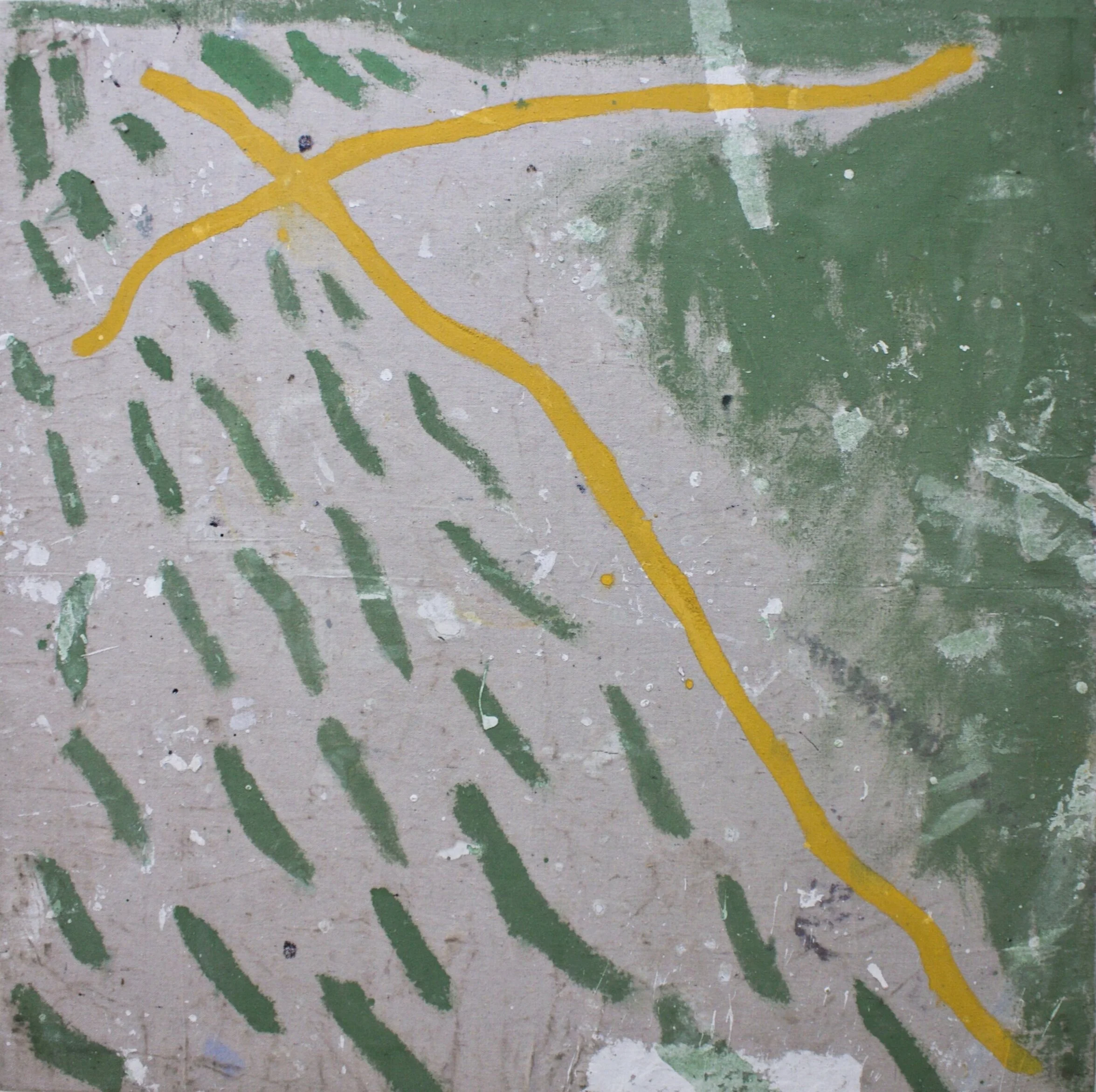  Yellow Cross, 2020  Milk paint on found drop cloth  36”x36” 