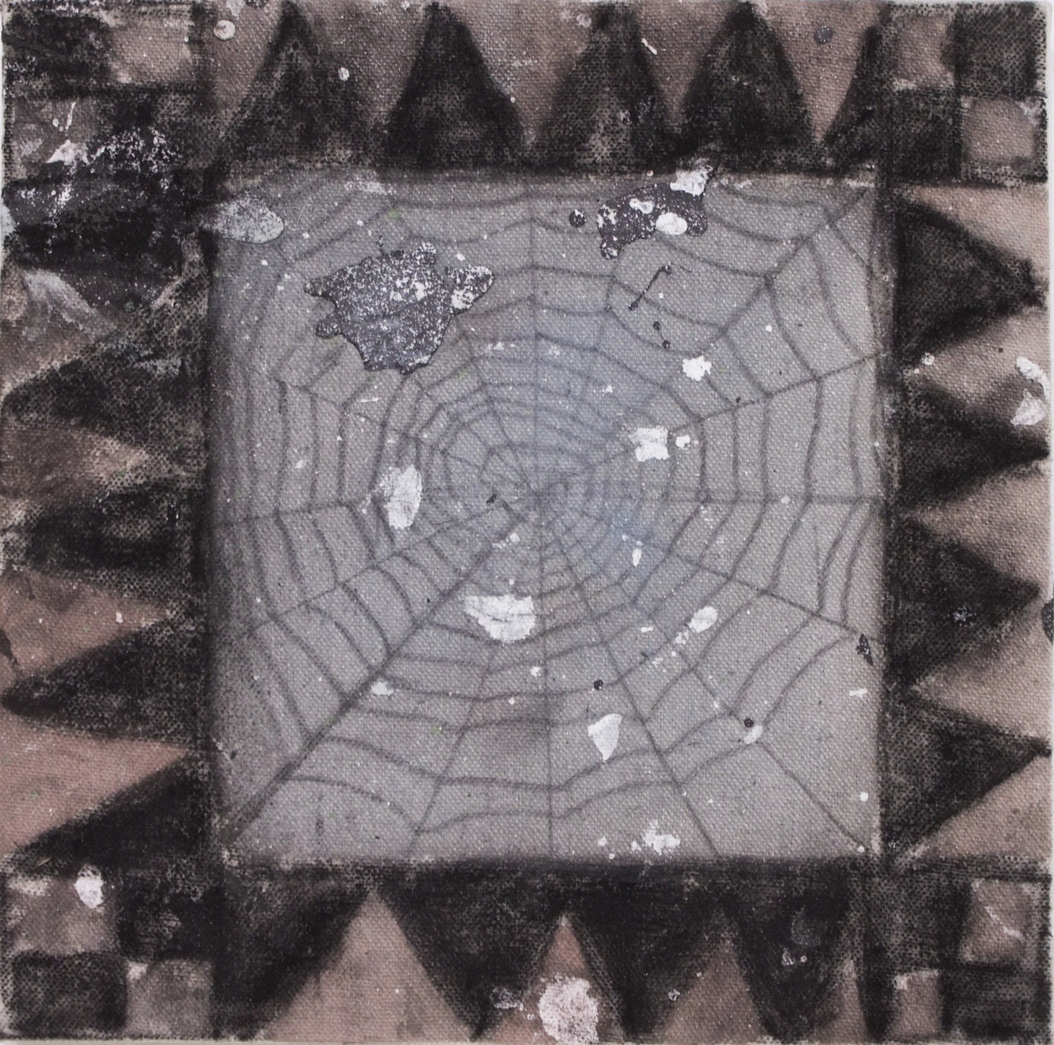  Spider Web, 2019  Charcoal and milk paint on found drop cloth  12”x12” 