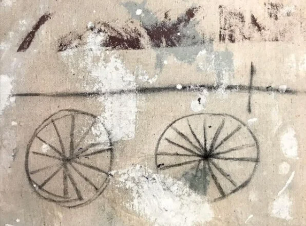  Two Wheels and Cross, 2020  Charcoal on found drop cloth  12”x16” 