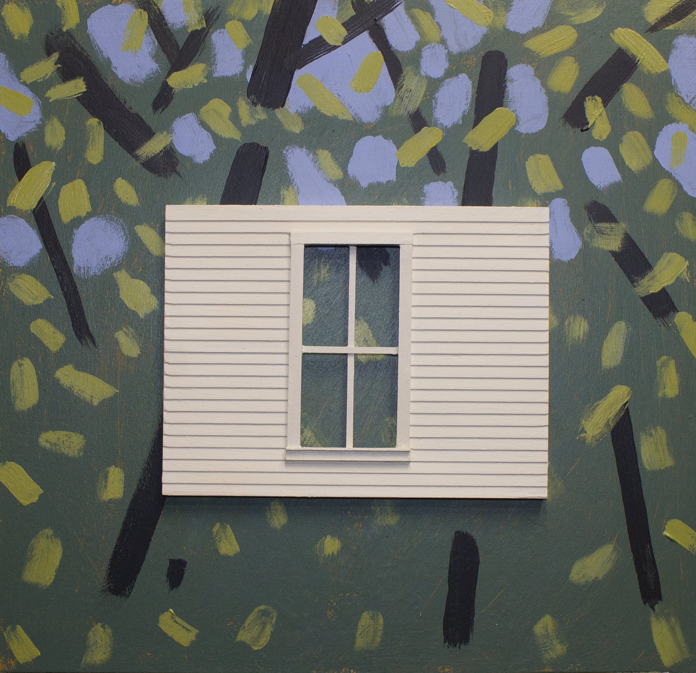  In The Woods, 2022  Acrylic, balsa wood, and MDF. Approx  14”x15” 