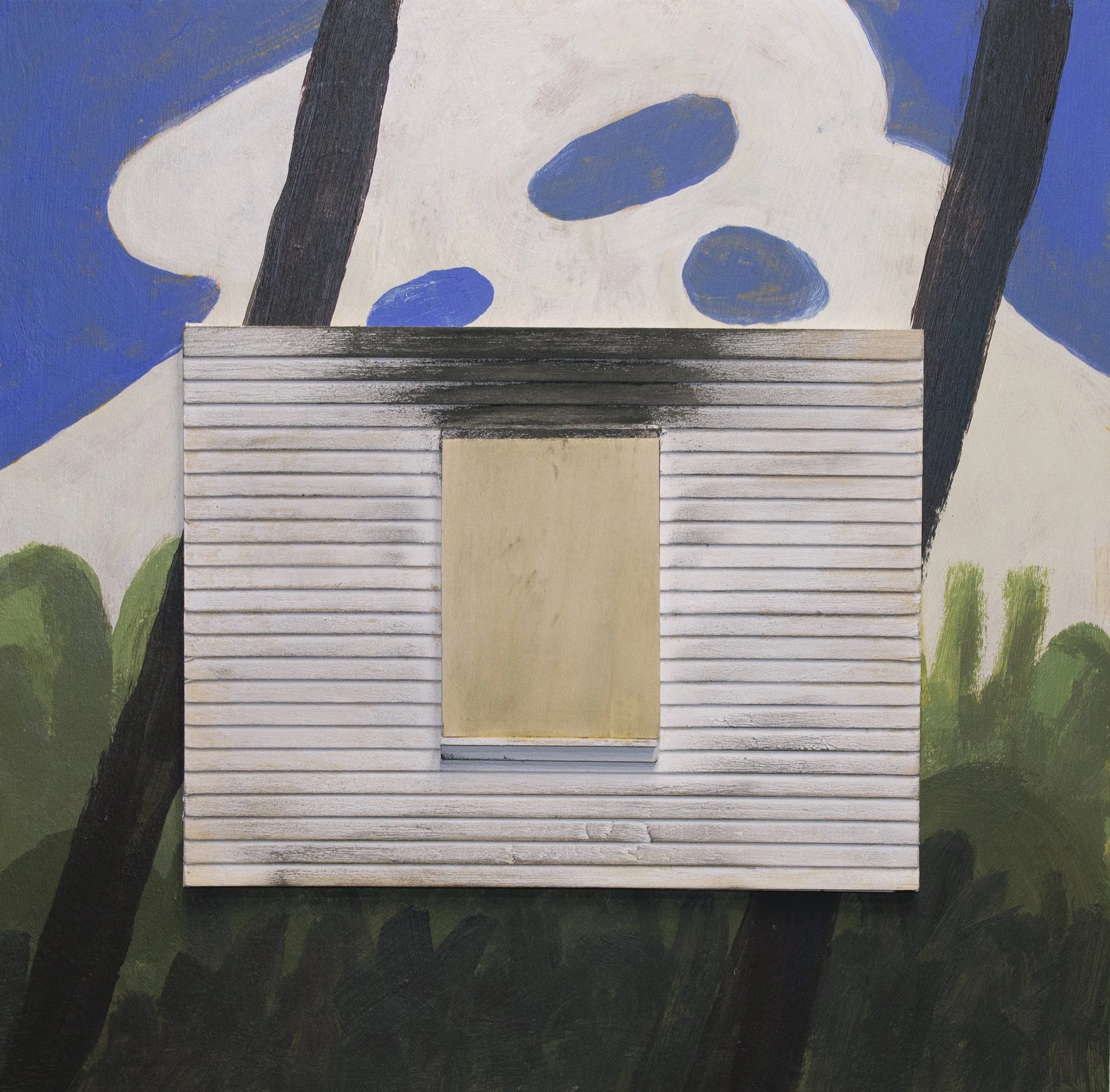  Burned and Boarded, 2022  Acrylic, charcoal, MDF, and balsa wood. 