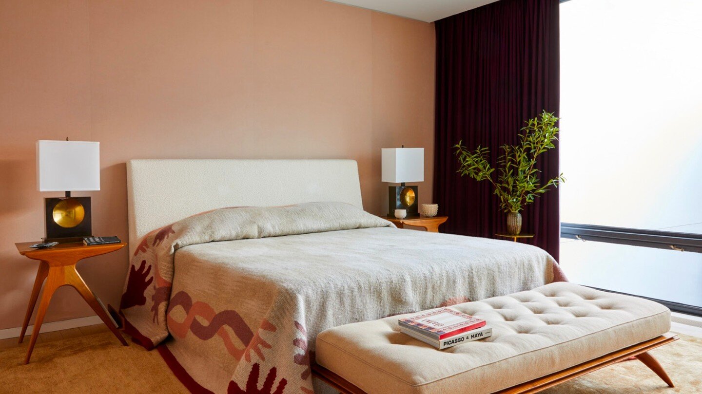 Thank you again to @archdigest for featuring this West Village townhouse. This is the master bedroom, in colors inspired by our clients' trip to Japan, upholstered in @savelfabrics velvet, amazing bedcover by @pierre.yovanovitch from @randcompanynyc,