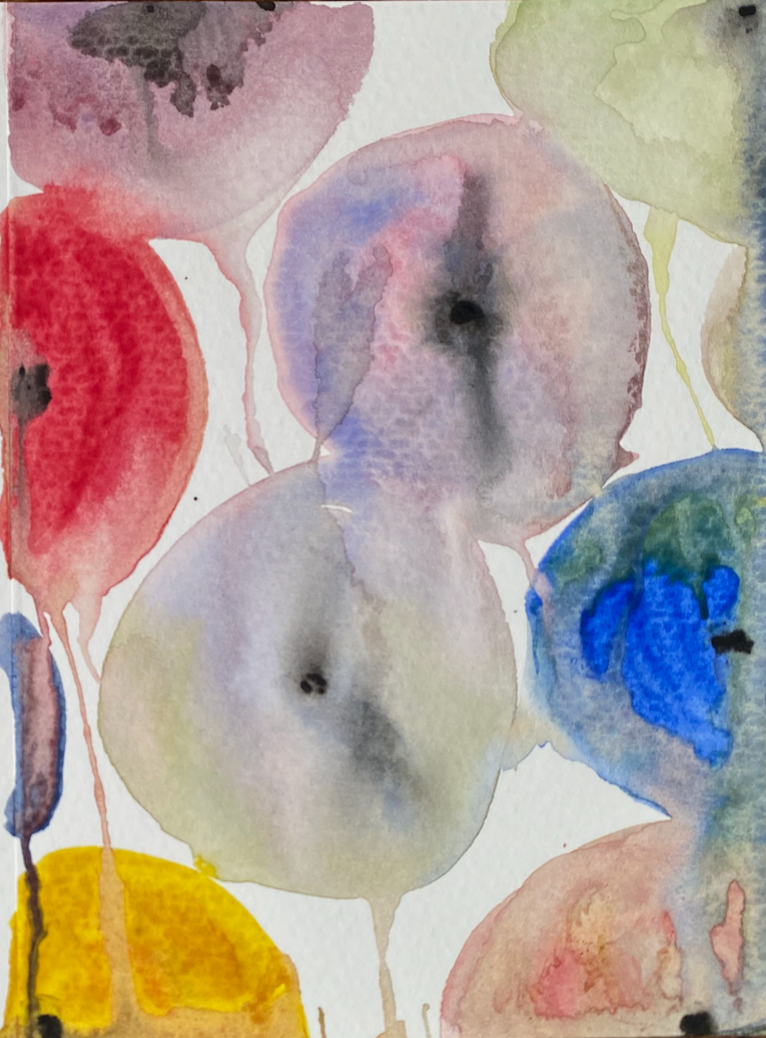 Close-up of a watercolor painting with abstract, colorful circles and drips in shades of red, purple, yellow, blue, green, pink, and black.