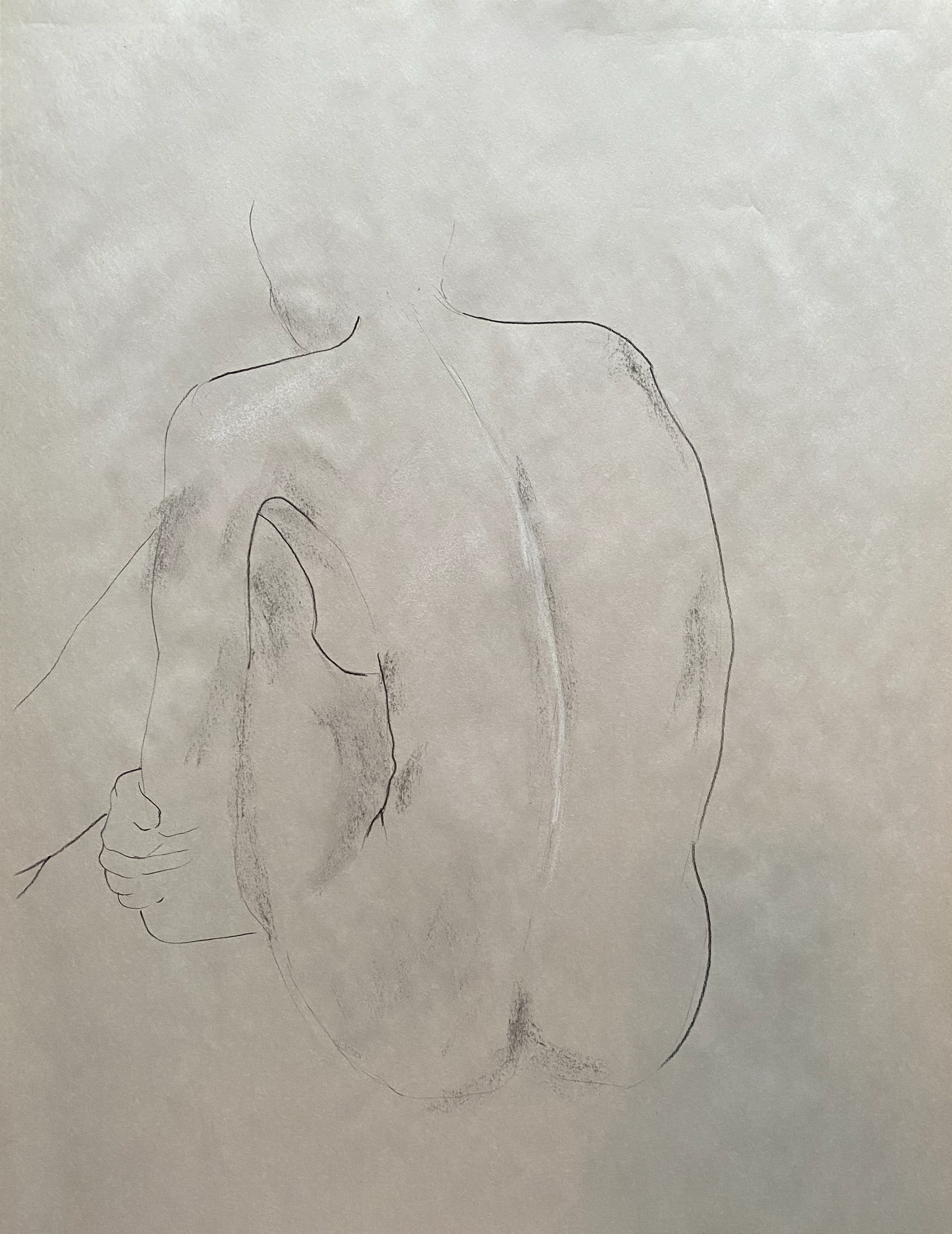 A minimalist charcoal sketch of a nude woman from the back, body in fetal position as she sits hugging her knees, drawn on newsprint paper.