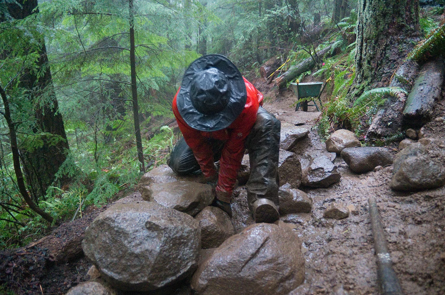 Martin placing rocks at the Infamous Corner 3, so-called because of the large amount of rockwork needed to support it. Over half of the rockwork was buried to help blend it into the surrounding forest.