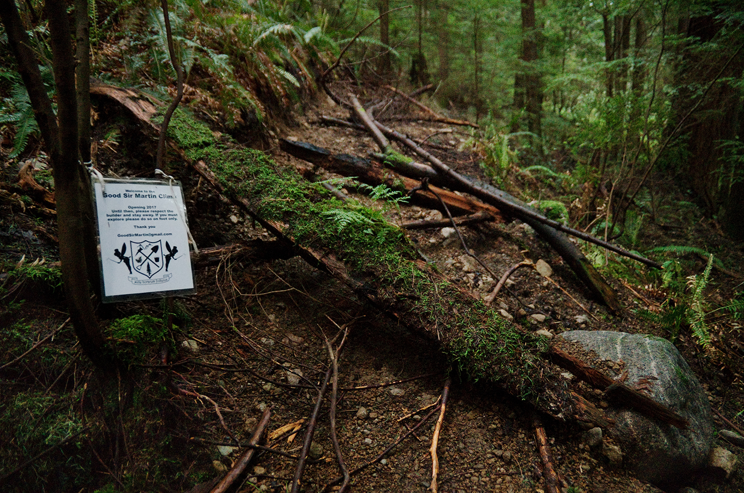   While the trail was being built it ended in the middle of nowhere. Because of that, riding up it would have required riding back down which could have damaged the trail as it was not designed for downhill biking. And so, Martin and Penny hid the en