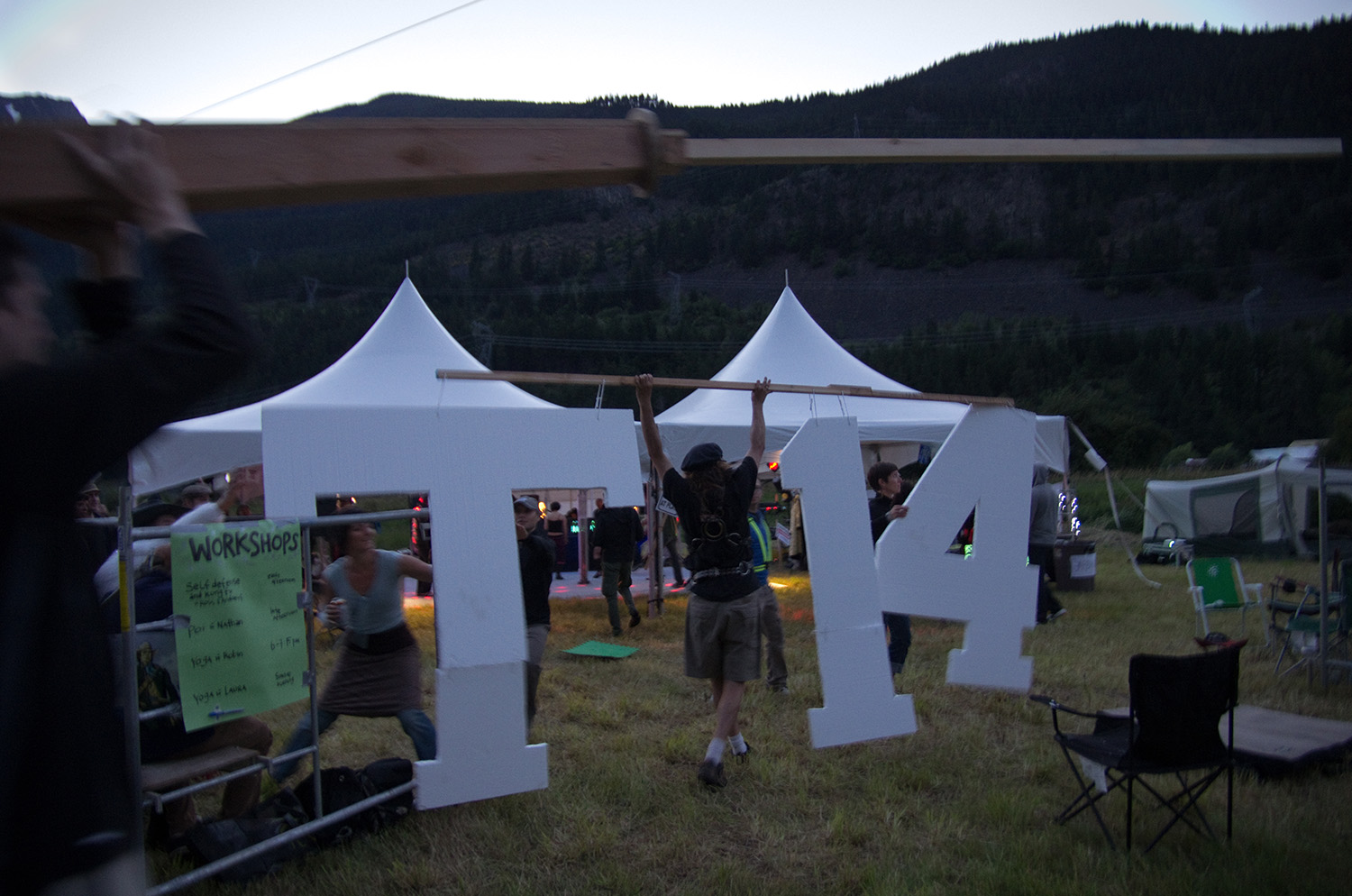 At Trancemission 14, Johan and some friends made a large rotating sign saying “T14”. It was lit up and spun all night until eventually it got caught on one of the serifs. It made a second appearance the next year for T15.