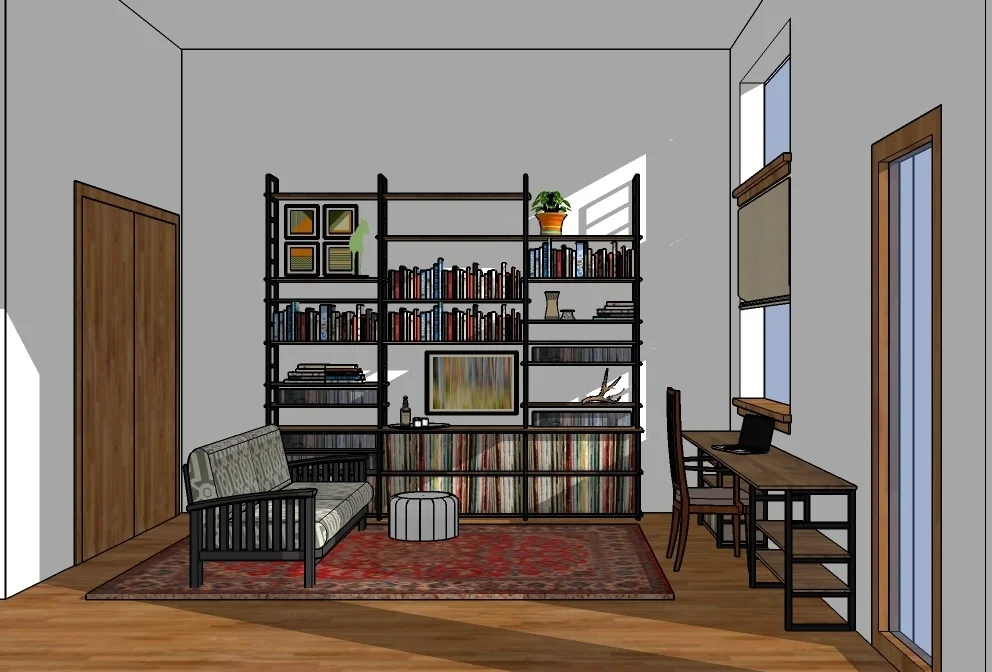 With fourteen foot tall ceilings, this loft could handle a significantly sized shelving unit. So we designed a custom ten foot tall and ten foot wide unit to house the homeowners collection of vinyl, CDs, books, and art. 