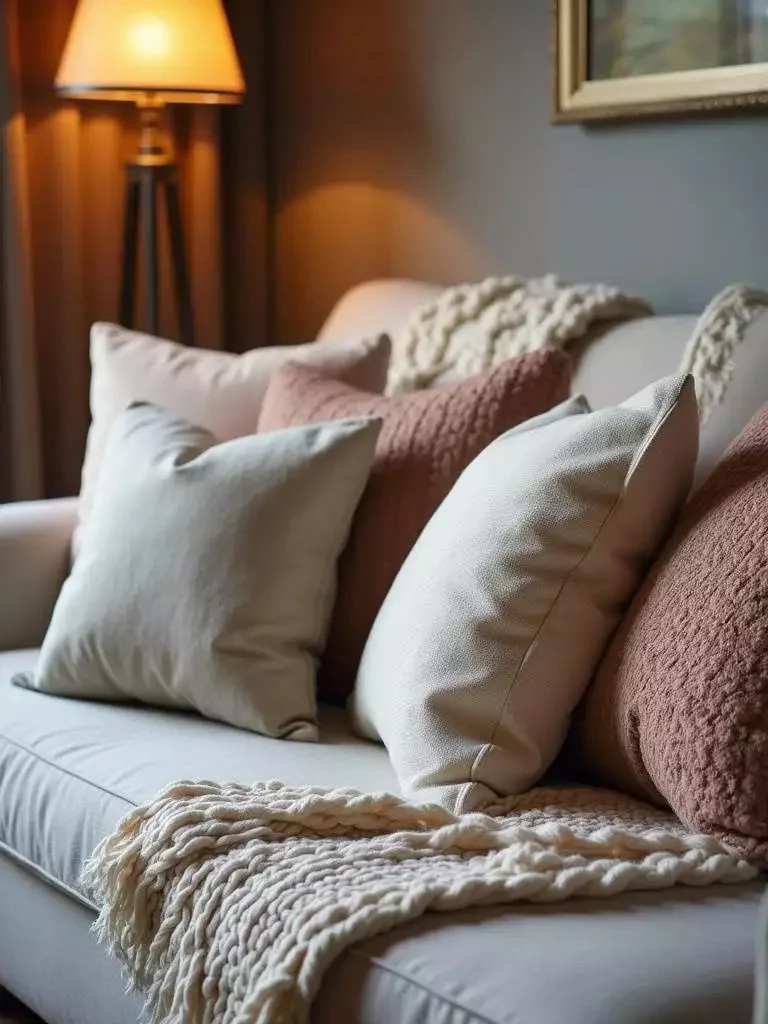 Layered throw pillows in cream and blush tones styled on a neutral sofa with a chunky knit throw.