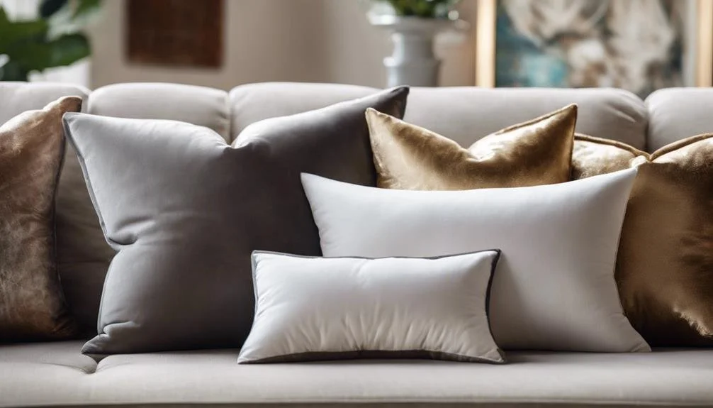 Assorted throw pillow sizes and textures in grey, white, and gold velvet styled on a sofa — showing pillow sizing and layering