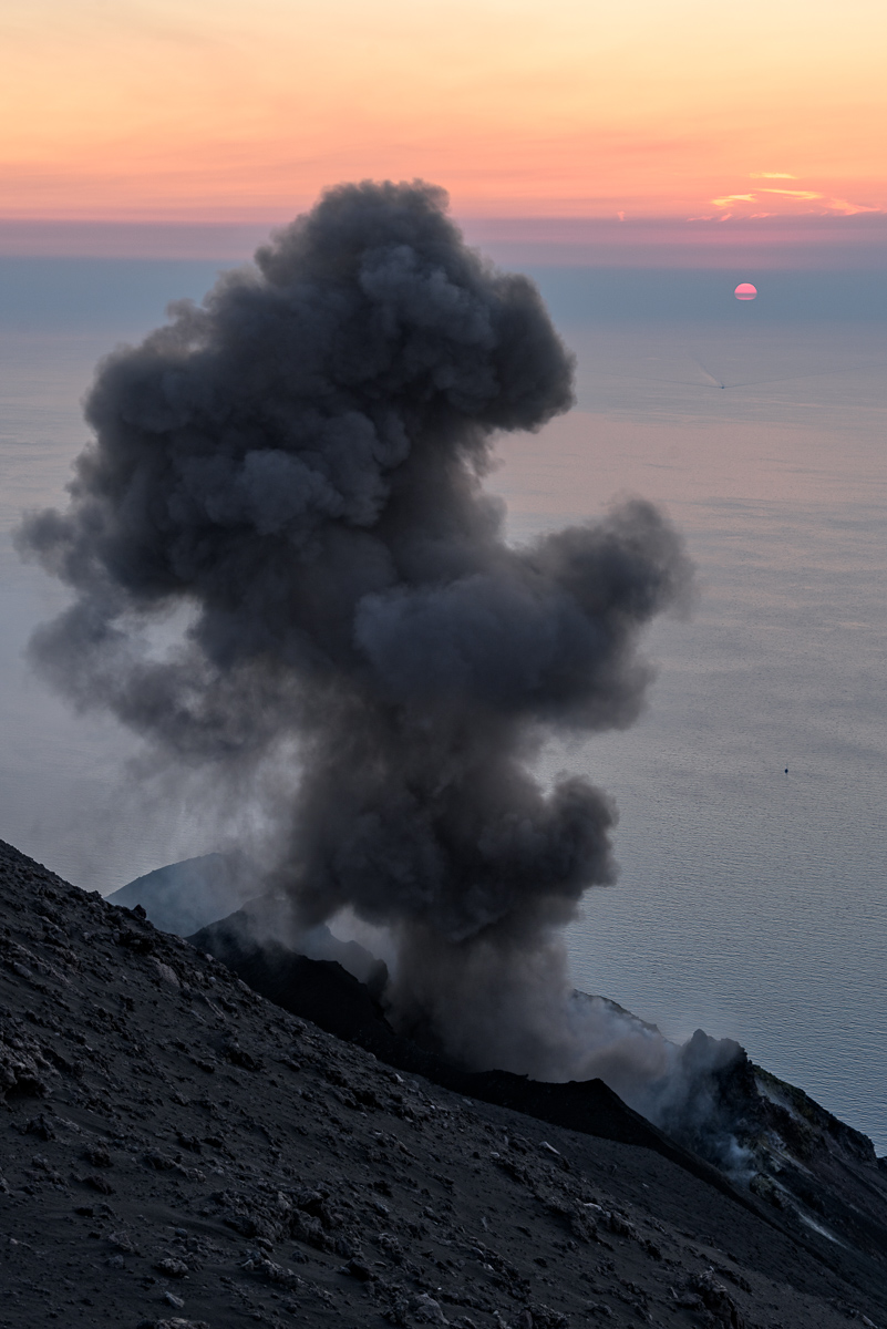 Stromboli Smokes At Sunset