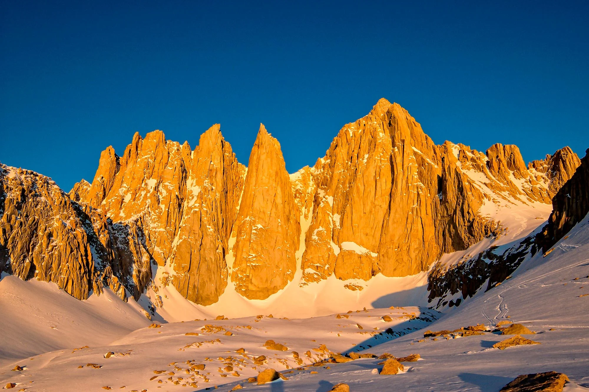 Dawn on Mount Whitney: Mountaineer's Route visible to the right.