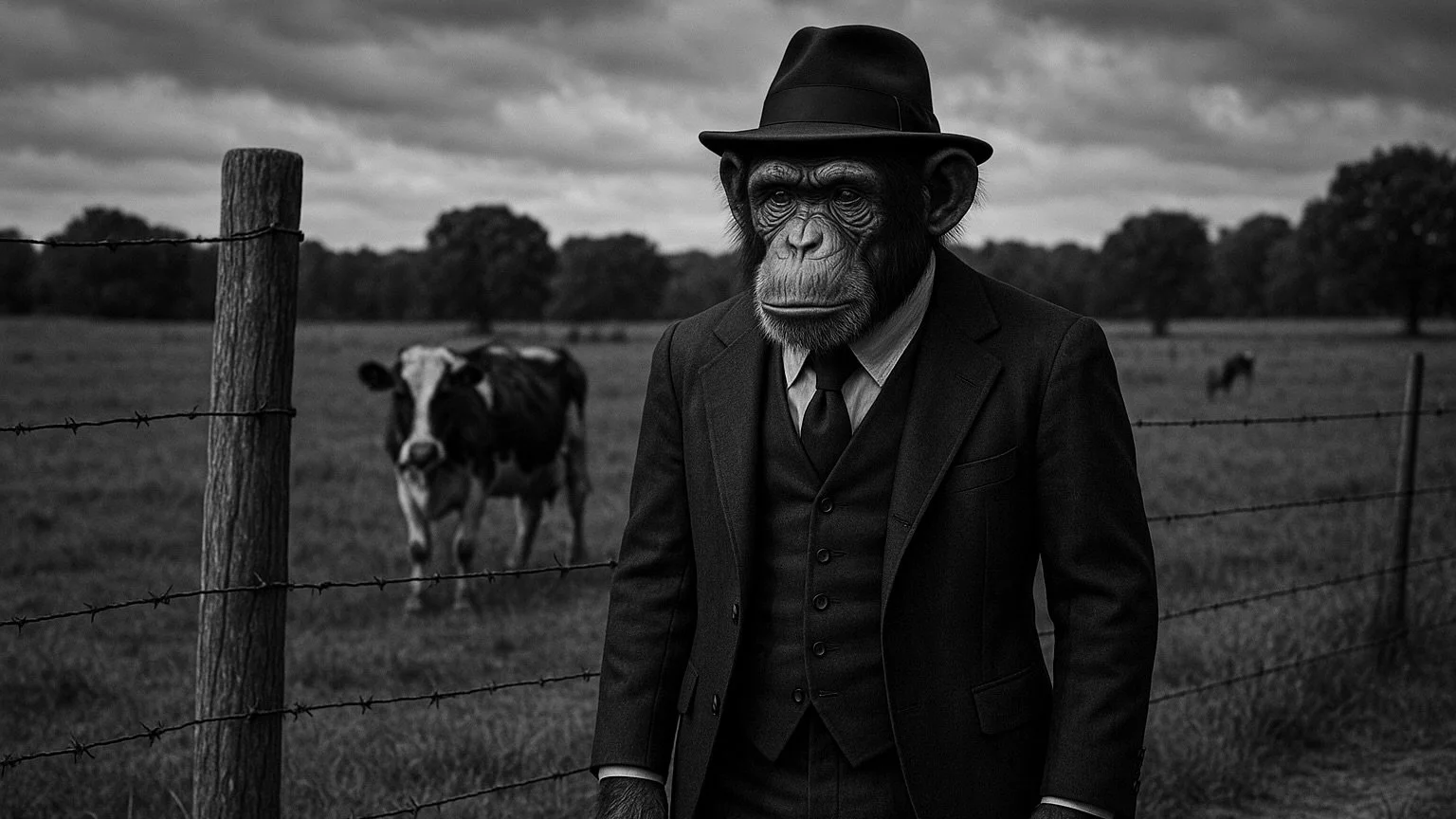 Mr. Pixels the Chimpanzee in a Cow Field with Fences.