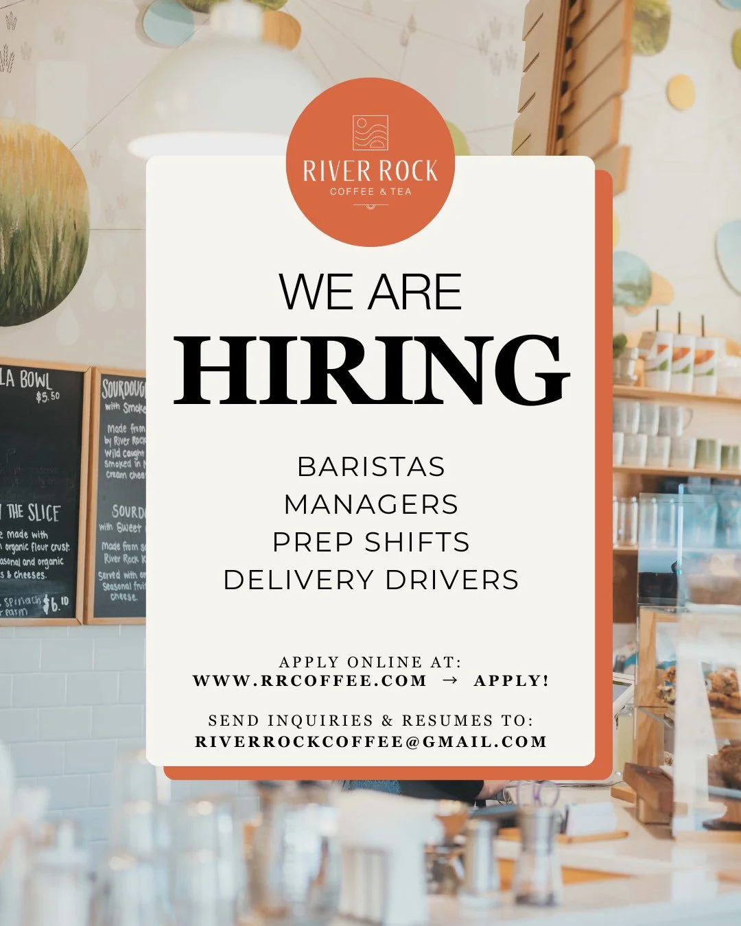 Join the crew at River Rock Coffee &amp; Tea! This is your chance to be a part of a team that values its employees and the betterment of the community.⁠
⁠
We are hiring baristas, managers, prep shifts, and delivery drivers. Full-time and part-time av