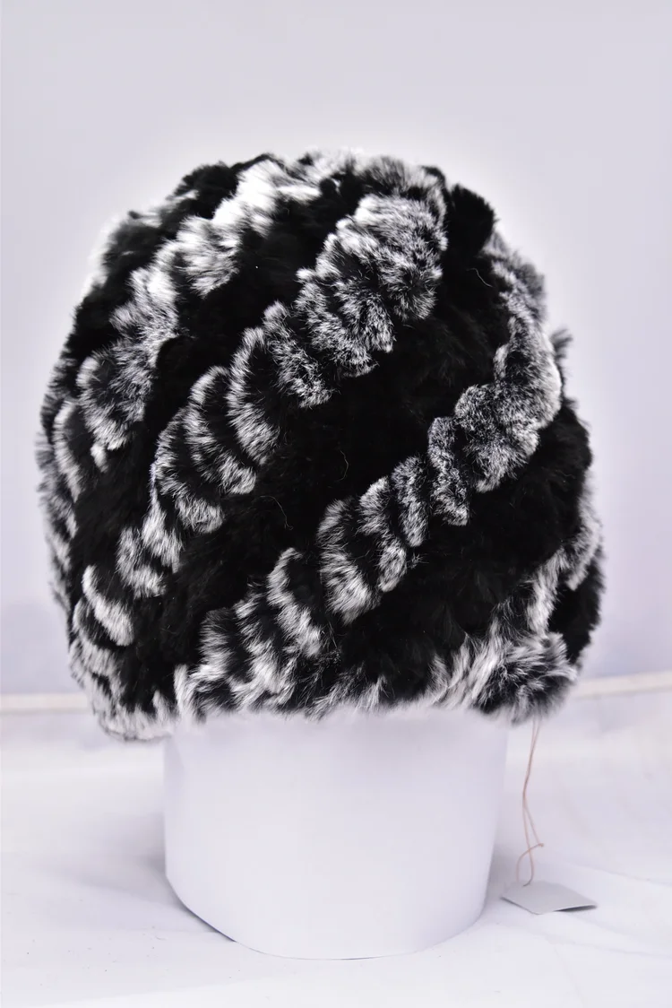 Chinchilla Rex Knitted Hat Assorted Knitted Chinchilla Rex Rabbit Beanies with Fox Pom  main image 4