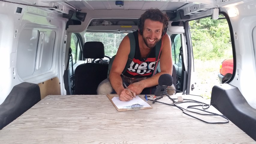 When the cabin is too noisy, Jordan has to record his podcast, The Ruminant, in the delivery van.