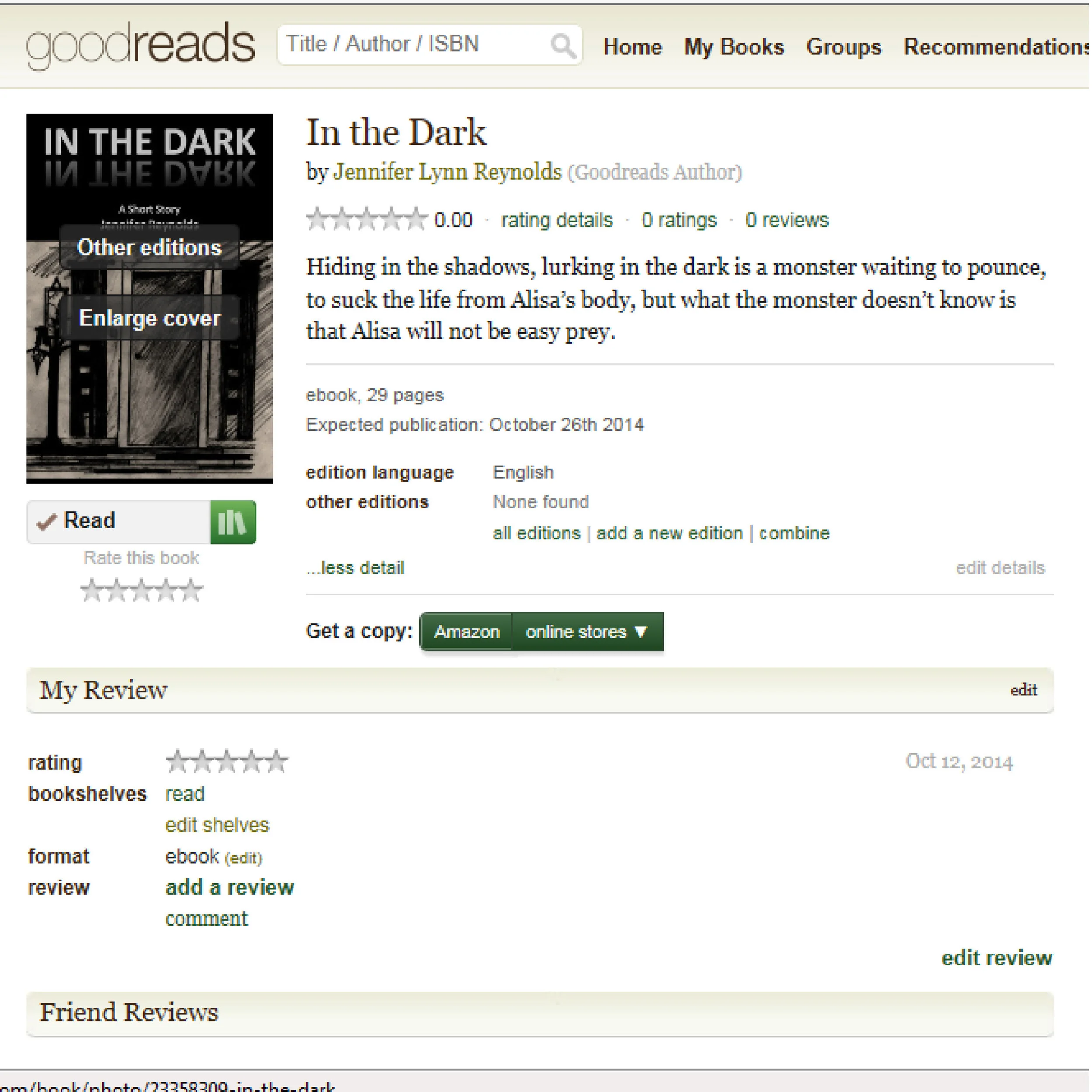 In The Dark goes live tomorrow and is FREE. You can add this short story to your Goodreads "to-read" list now at: https://www.goodreads.com/book/show/23358309-in-the-dark