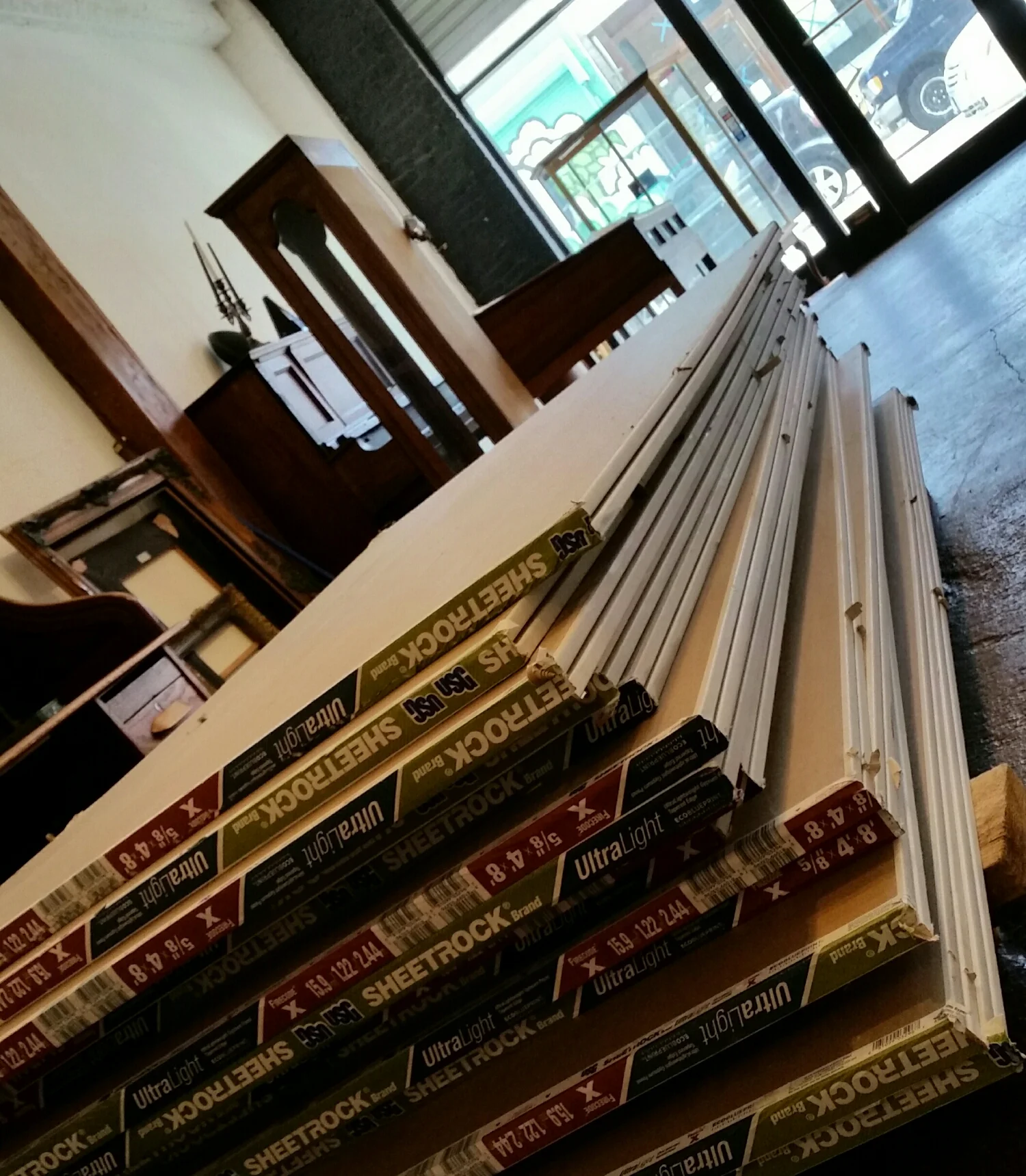  30 sheets of 5/8's sheetrock we had to load and unload several times in the course of today's adventures .