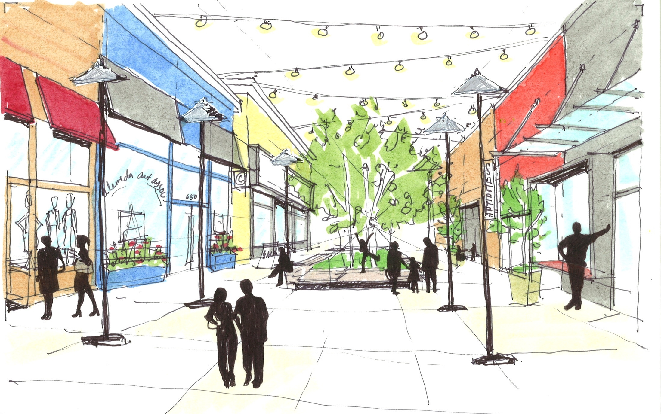 Sketch illustrating updated and unique storefronts with lighting and new landscape features.
