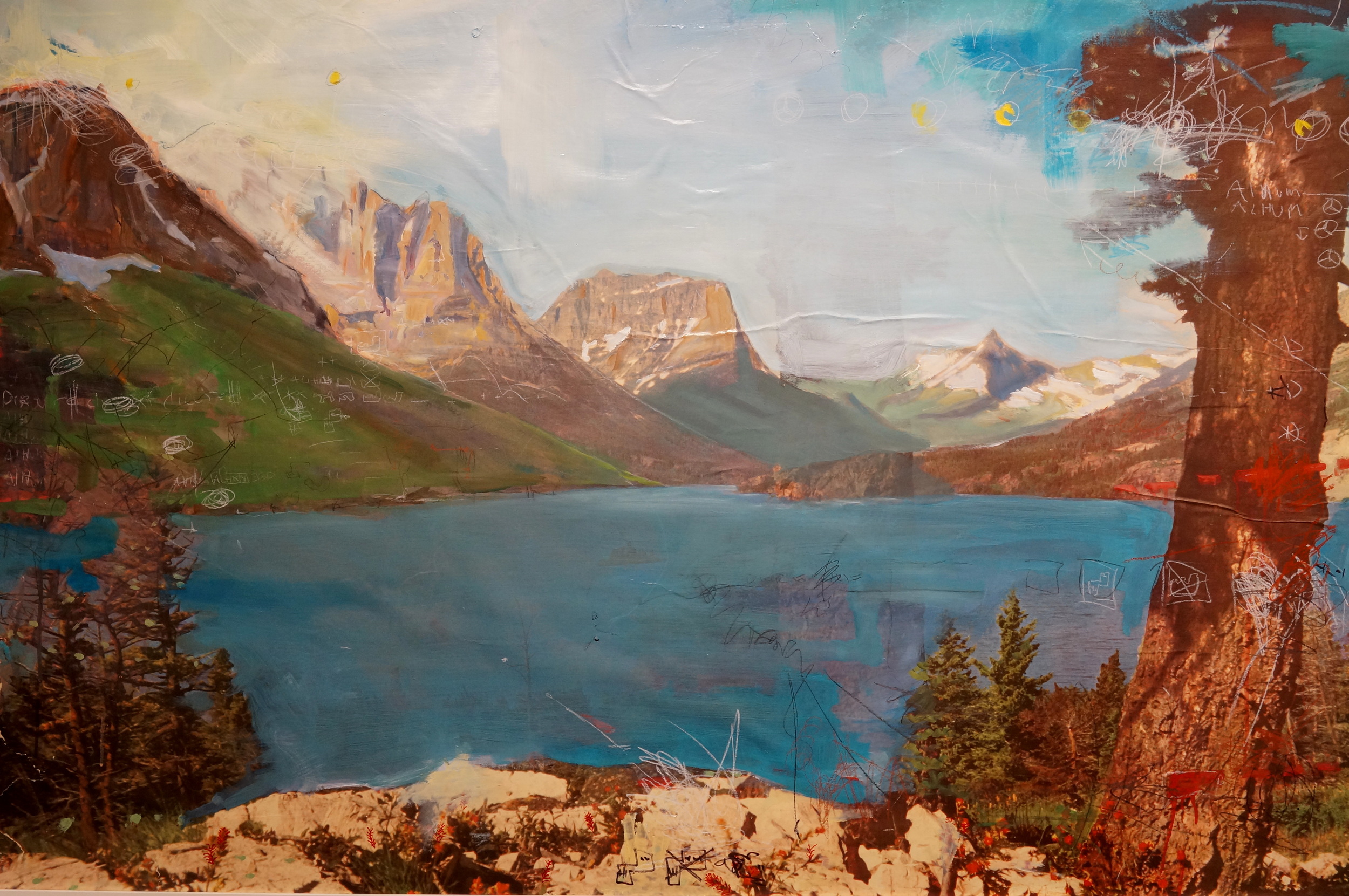   Mountain Valleys &nbsp; 44" x 60" Oil, pencil, spray-paint, photograph on board 2013  SOLD        