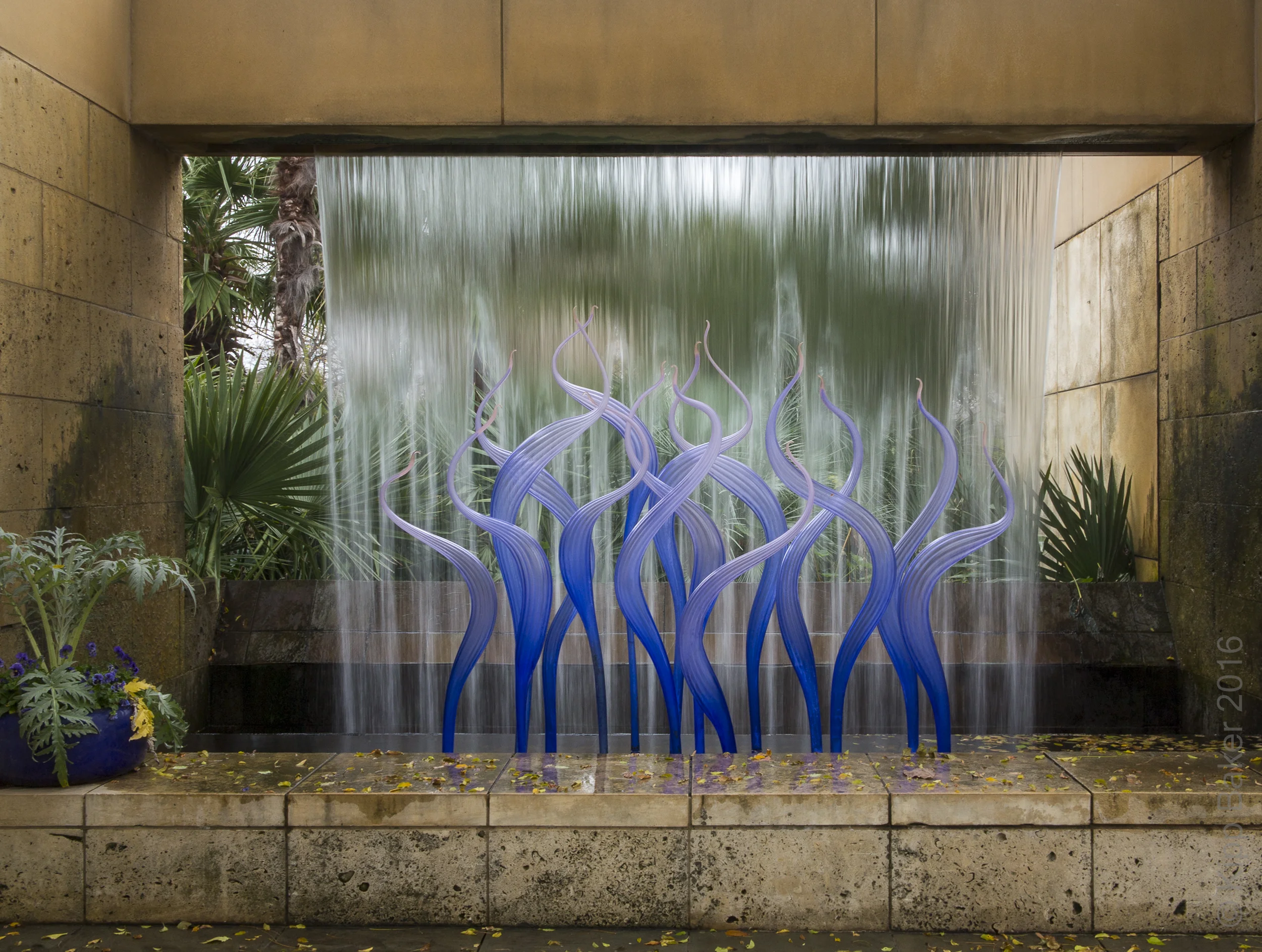 Chihuly Glass installation with waterfall at Dallas Arboretum Copyright © Kipp Baker, All rights reserved.