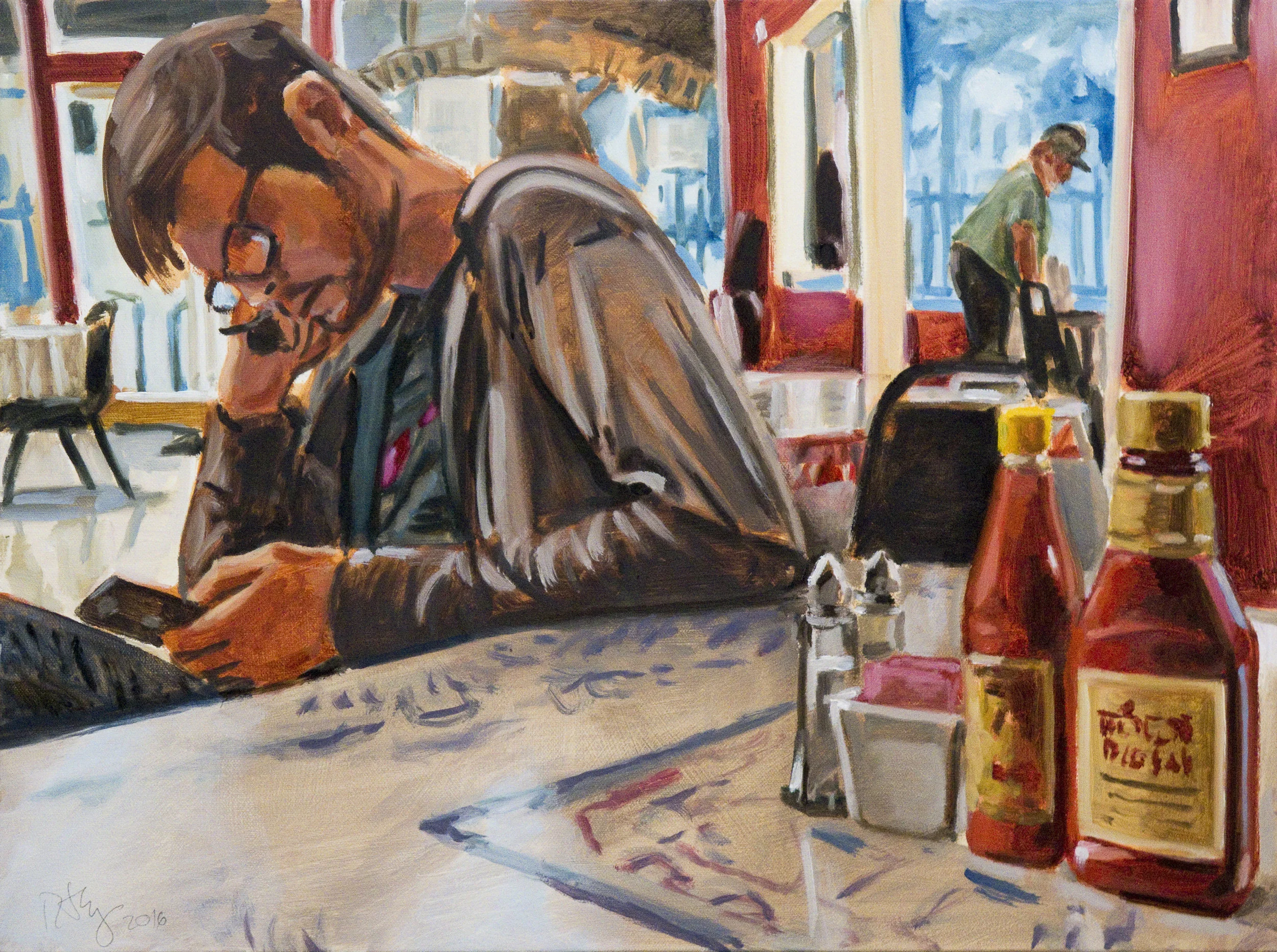 Texting Man, 2016, oil on canvas 18x24" by Ron Crouch