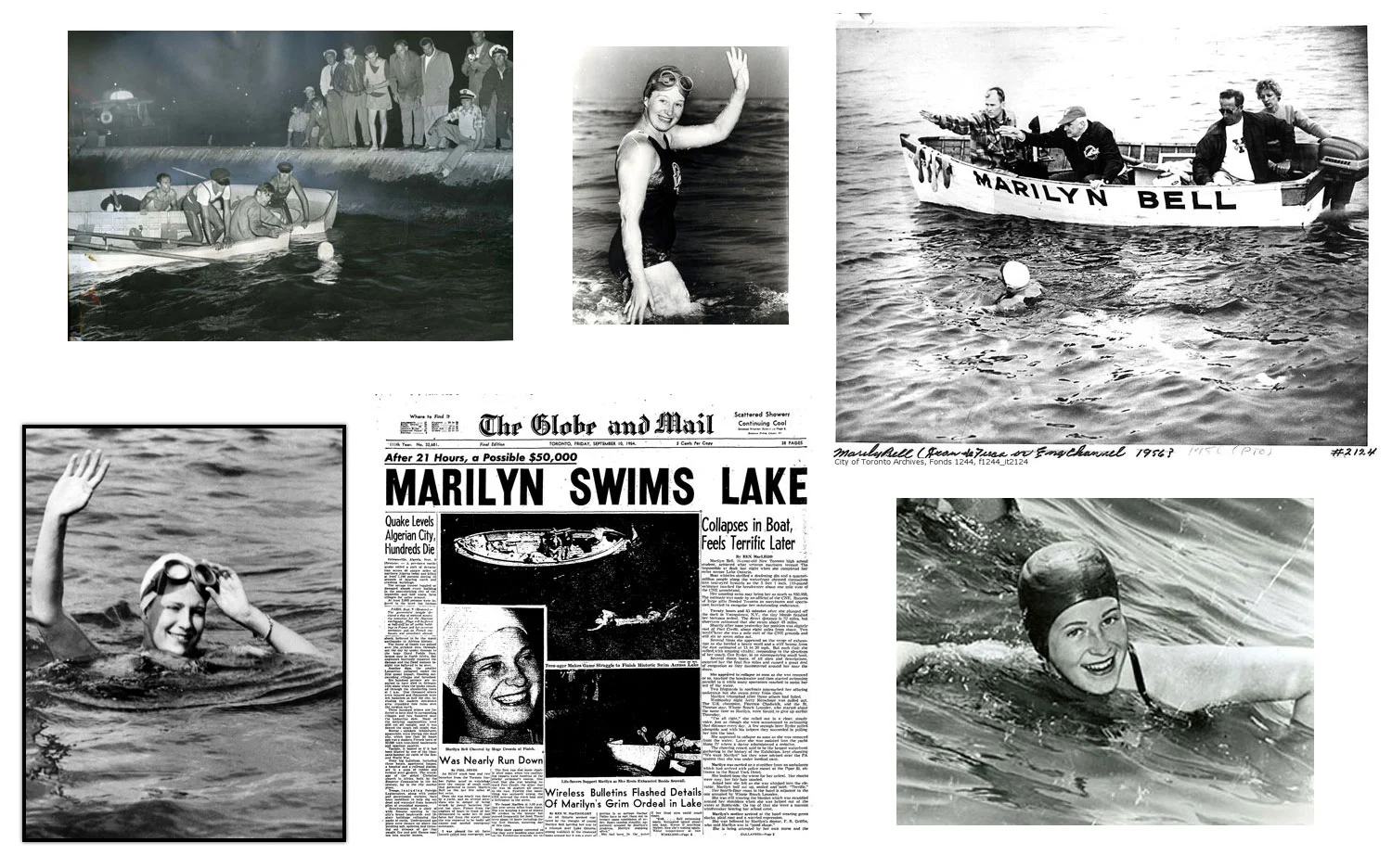 Photos collected from Marilyn Bell's historic swims across Lake Ontario and the English Channel. (Photos sourced from The Canadian Encyclopedia and BlogTO .) 