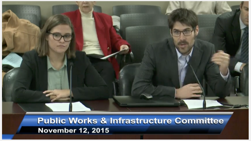 Lake Ontario Waterkeeper's Hannah Gladstone and Tristan Willis discussing recommendations on the P2 Program to the Public Works and Infrastructure Committee. (Image via webcast.)