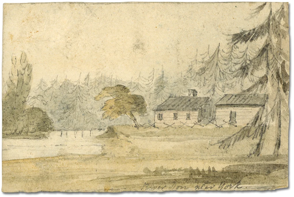 A sketch by Elizabeth Simcoe of the Don River near York and John Scadding's Cabin, Autumn, 1793. (From the Archives of Ontario .)