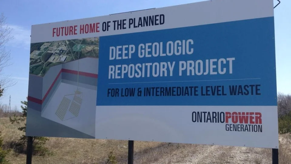 A sign is visible at the site proposed to bury nuclear waste near Lake Huron, Ont., Wednesday, May 6, 2015. (Scott Miller / CTV London )