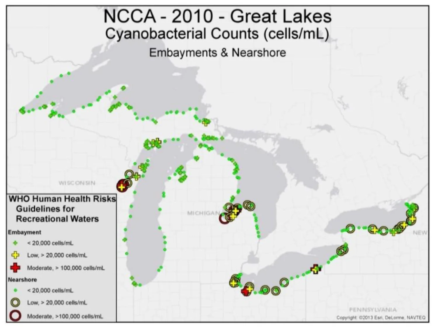All the information in the EPA study – from Cyanobacteria counts to fish tissue data – is limited to the US side of the Great Lakes. (Map from the EPA's 2015 report / pg. 116 )