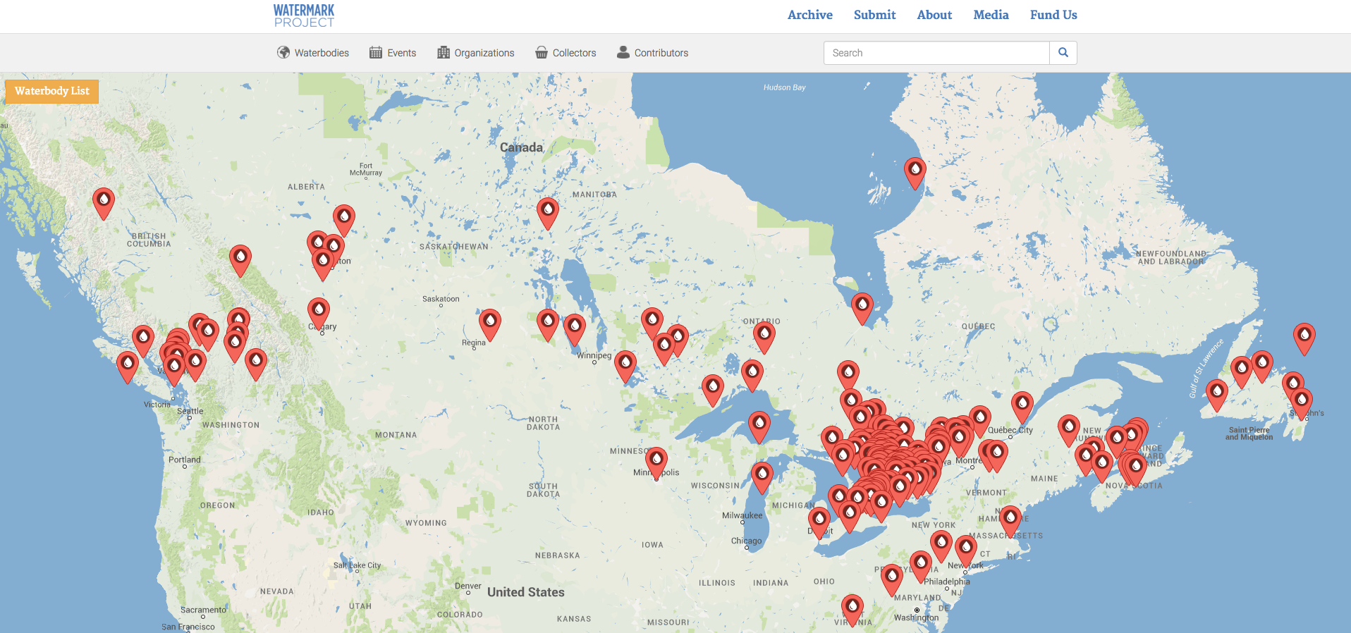 The Watermark Project maps where Watermarks are based – reconnecting individuals to waterbodies, creating records of recreational use, and forming communities around water. (See the waterbodies map .)