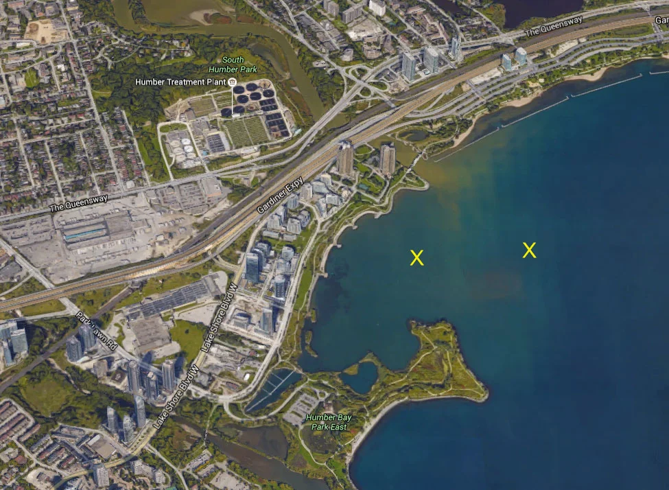 Yellow X's indicate where Michael spotted floating condoms while paddling. (Image via Google Maps 3D)