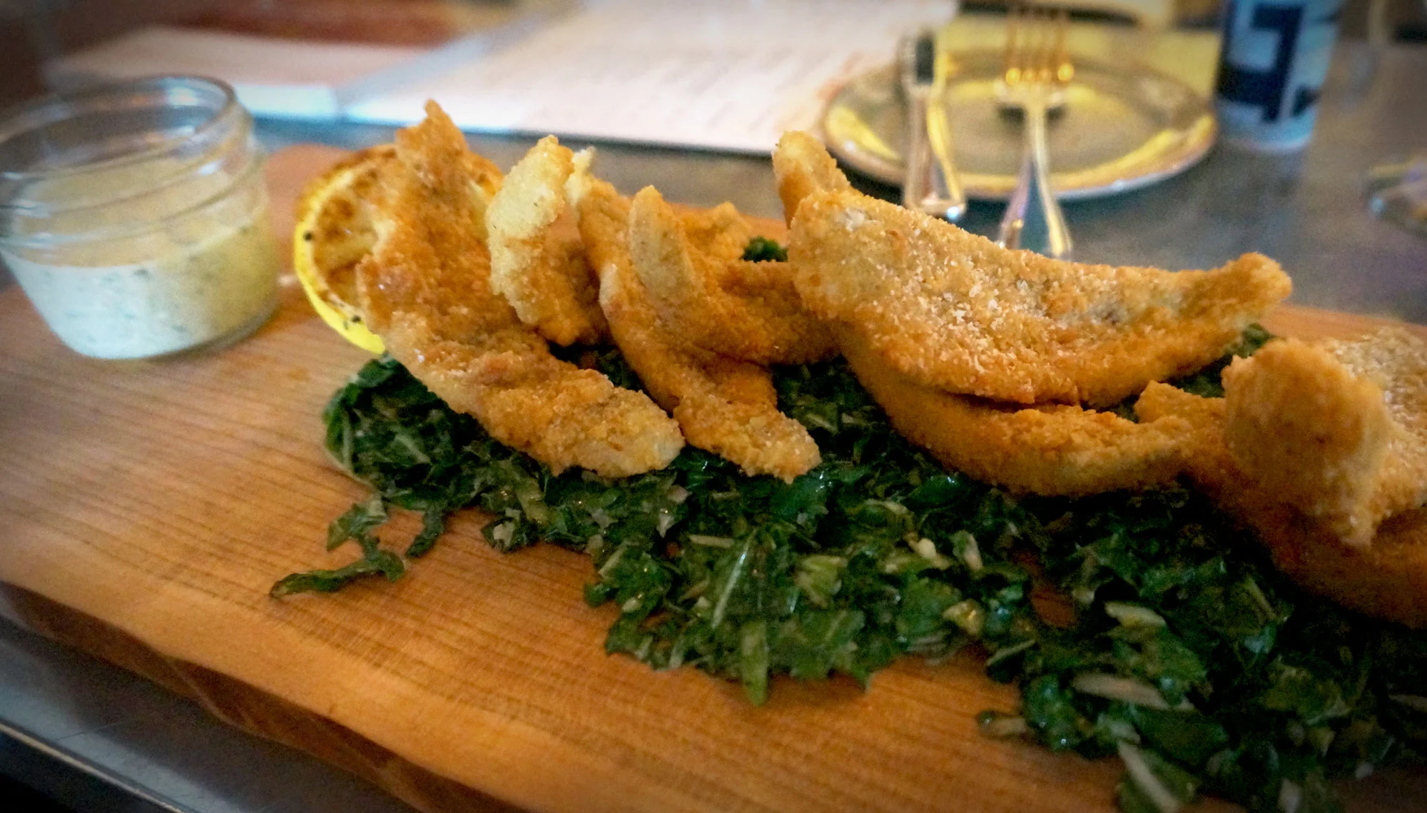 Appetizer: Northern Ontario Style Fish-Fry consisting of fried yellow perch, pickled ramp, & "Mike's atomic relish" tartar sauce, Swiss chard slaw, house-made malt vinegar. 