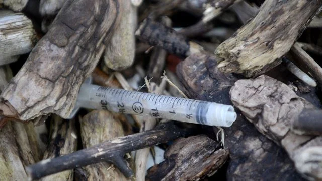 Sewage debris, including needles, found along Hamilton's Waterfront Trail. (Photo via Barry Gray / The Hamilton Spectator )