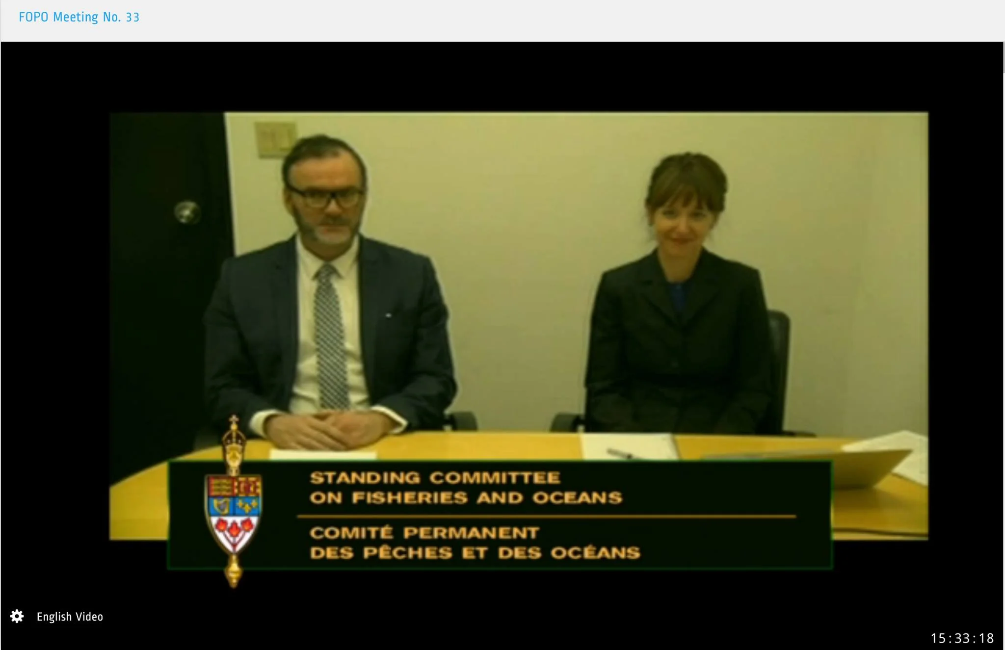 Lake Ontario Waterkeeper / Swim Drink Fish Canada's founders, Mark Mattson and Krystyn Tully presenting recommendations to the Standing Committee. (Screen grab from ParlVu webcast)