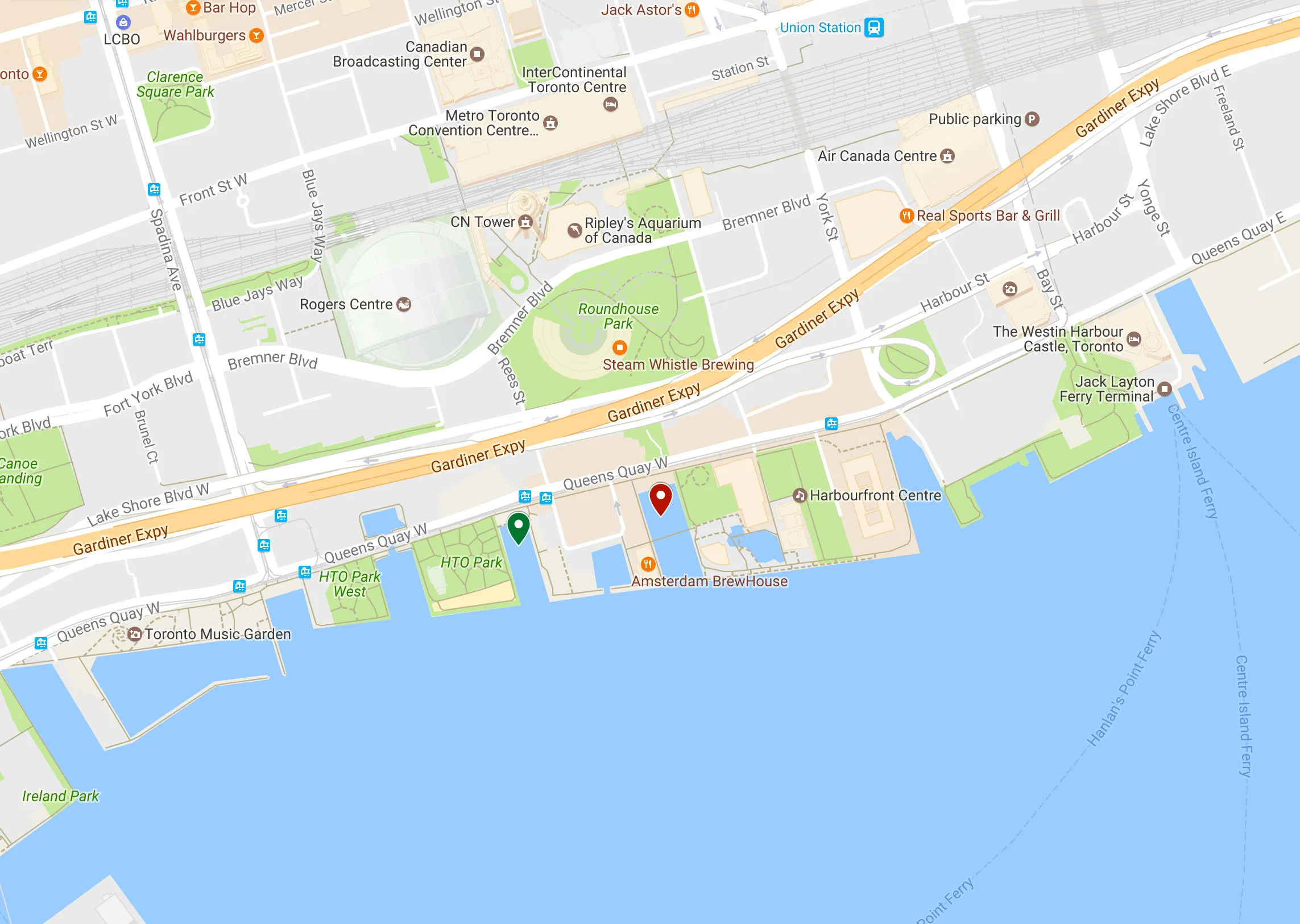 Green pin: HTO Park. Red Pin: Marina 4.