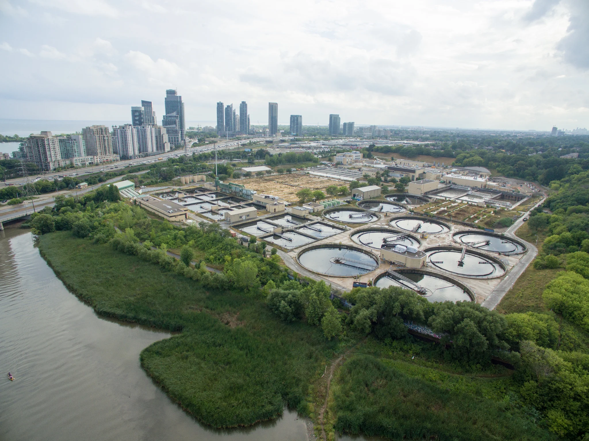 Aerial view of Humber Bay Treatment Plant after a rainstorm. 