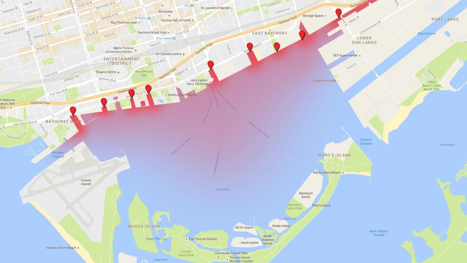 Nine locations where combined sewer overflows release sewage into Toronto's harbour, in addition to the Don River.