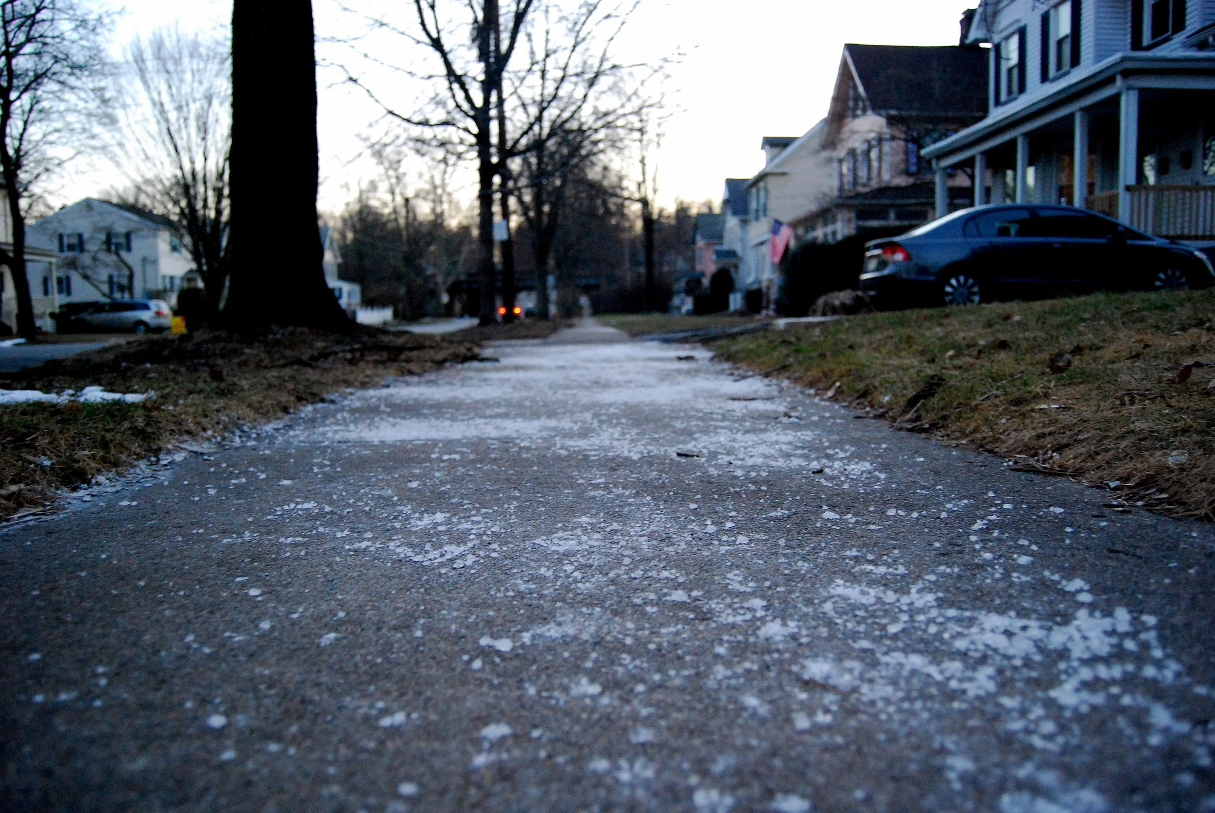 The image was taken by markgranitz . It illustrates the typical overuse of road salt on the sidewalks.