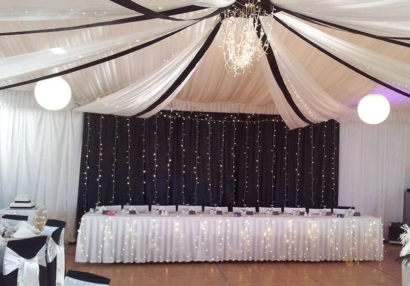 A simple black backdrop with fairy lights.