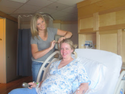 My sister Amy Lou getting my birth hair ready.