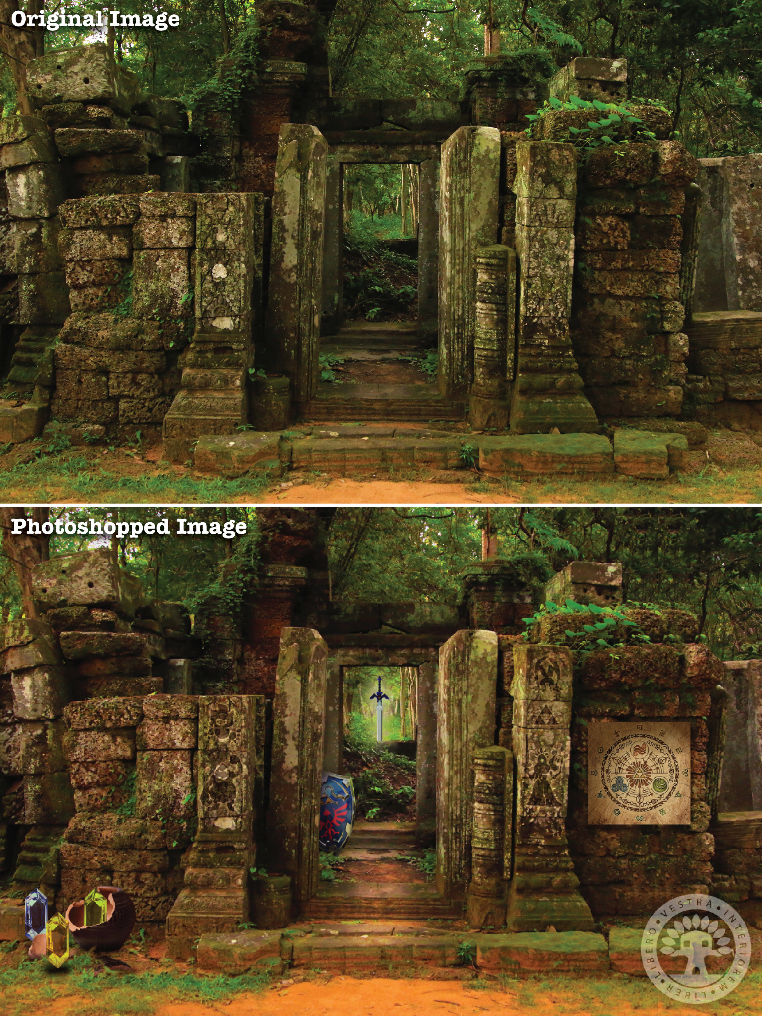 "Temple of Time ruins" before and after Photoshop . ~ Corinne Jade, ClubHouse Collective