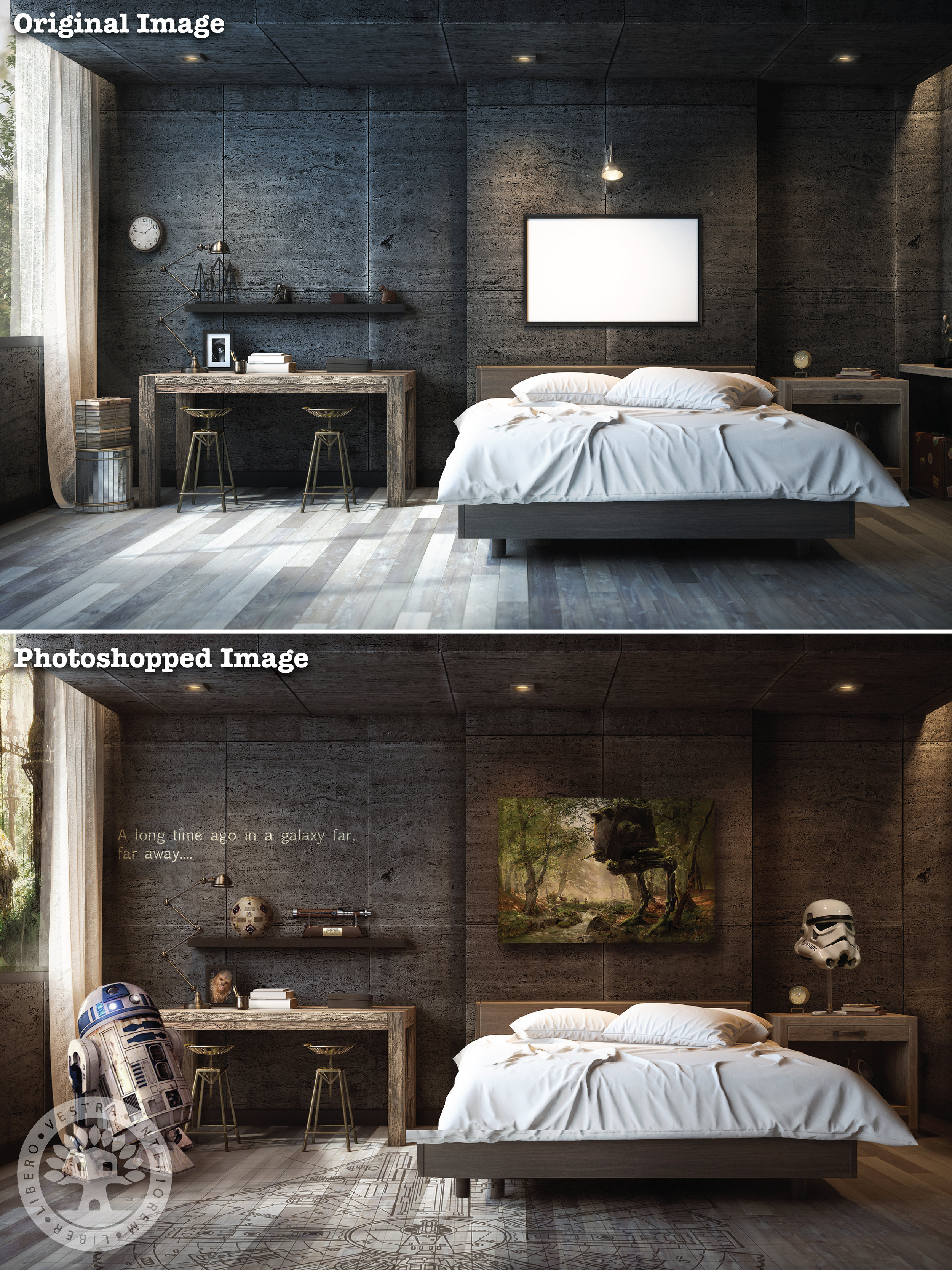 "Skywalker Loft" before and after Photoshop . ~ Corinne Jade, ClubHouse Collective