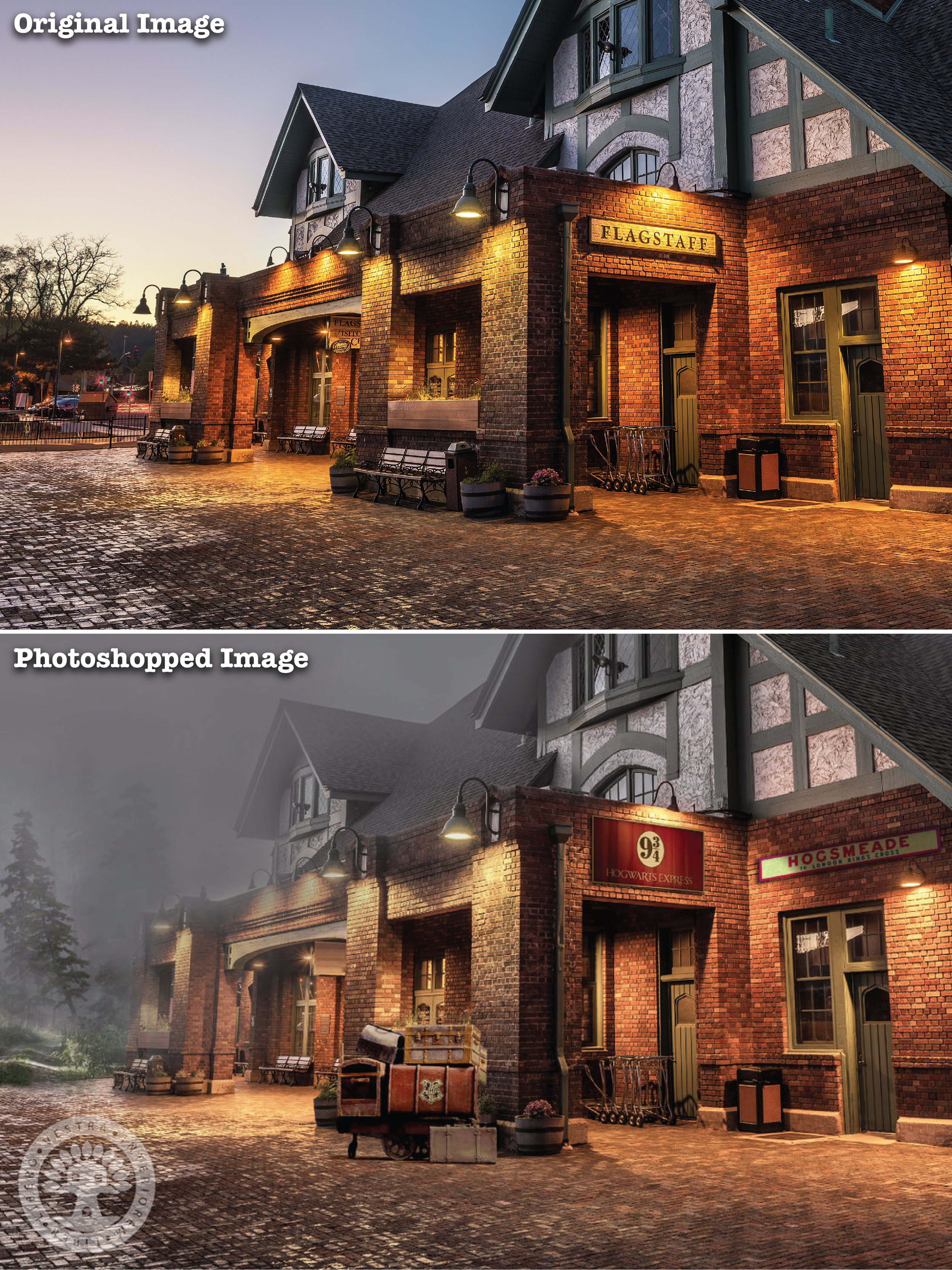 "Hogsmeade Station" before and after Photoshop . ~ Corinne Jade, ClubHouse Collective
