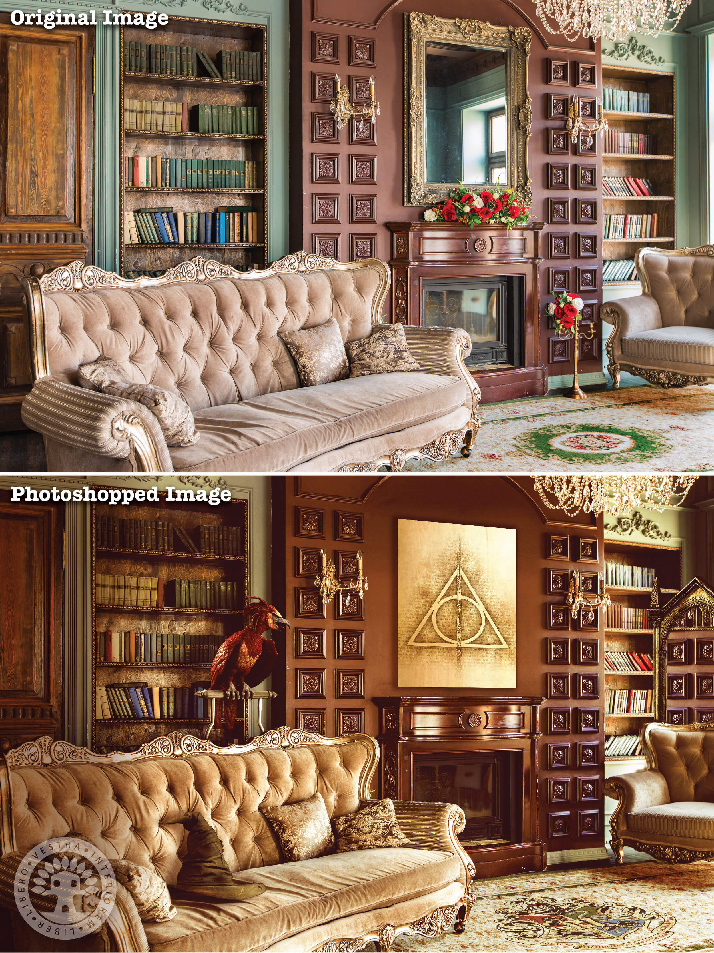 "Dumbledore's Study" before and after Photoshop . ~ Corinne Jade, ClubHouse Collective