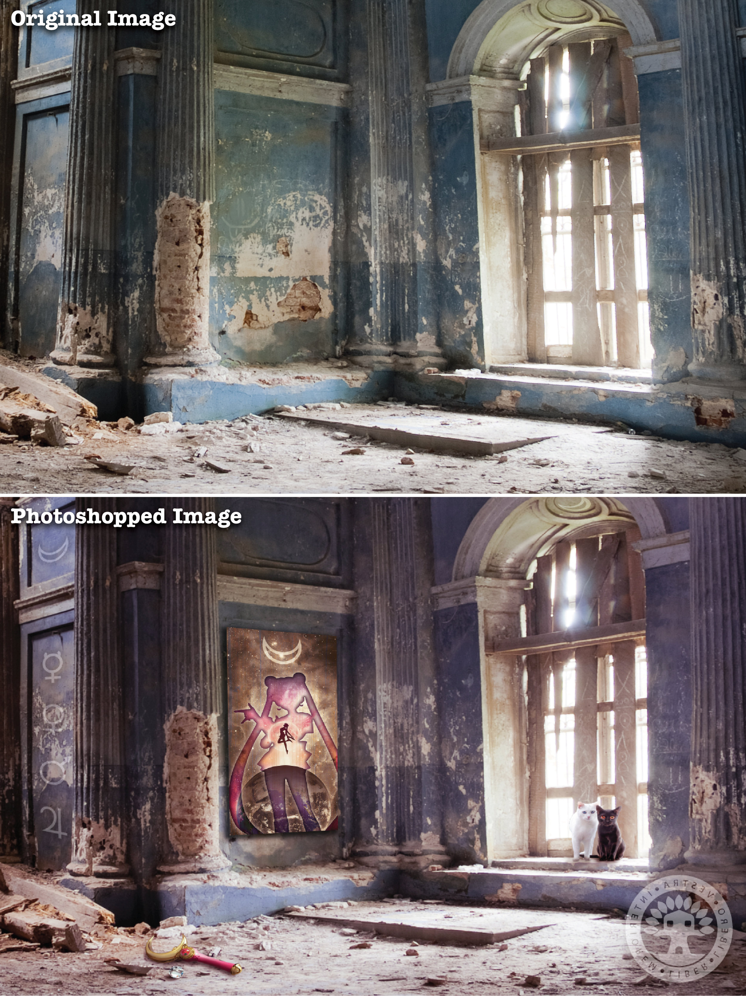"Moon Kingdom Ruins" before and after Photoshop . ~ Corinne Jade, ClubHouse Collective