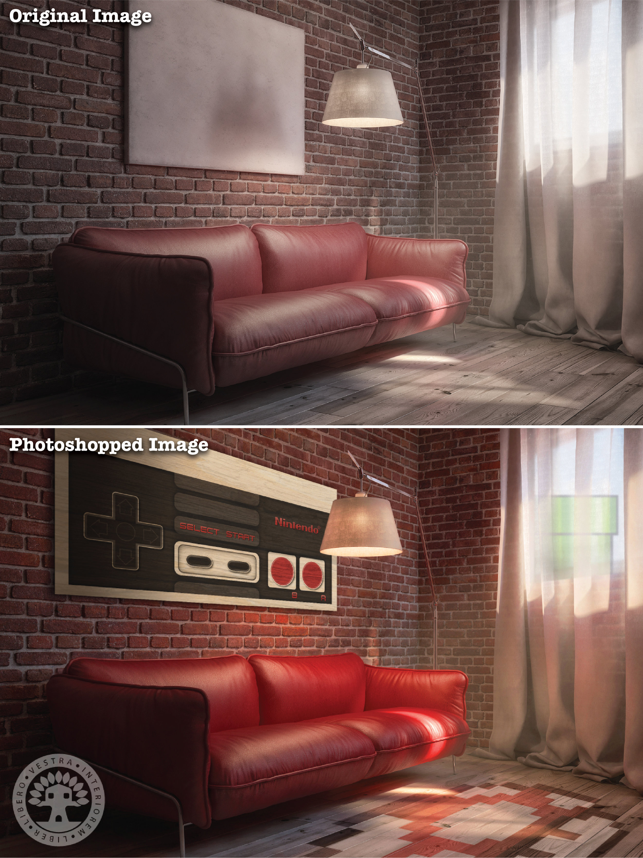 "Nintendo Gamer Den" before and after Photoshop . ~ Corinne Jade, ClubHouse Collective