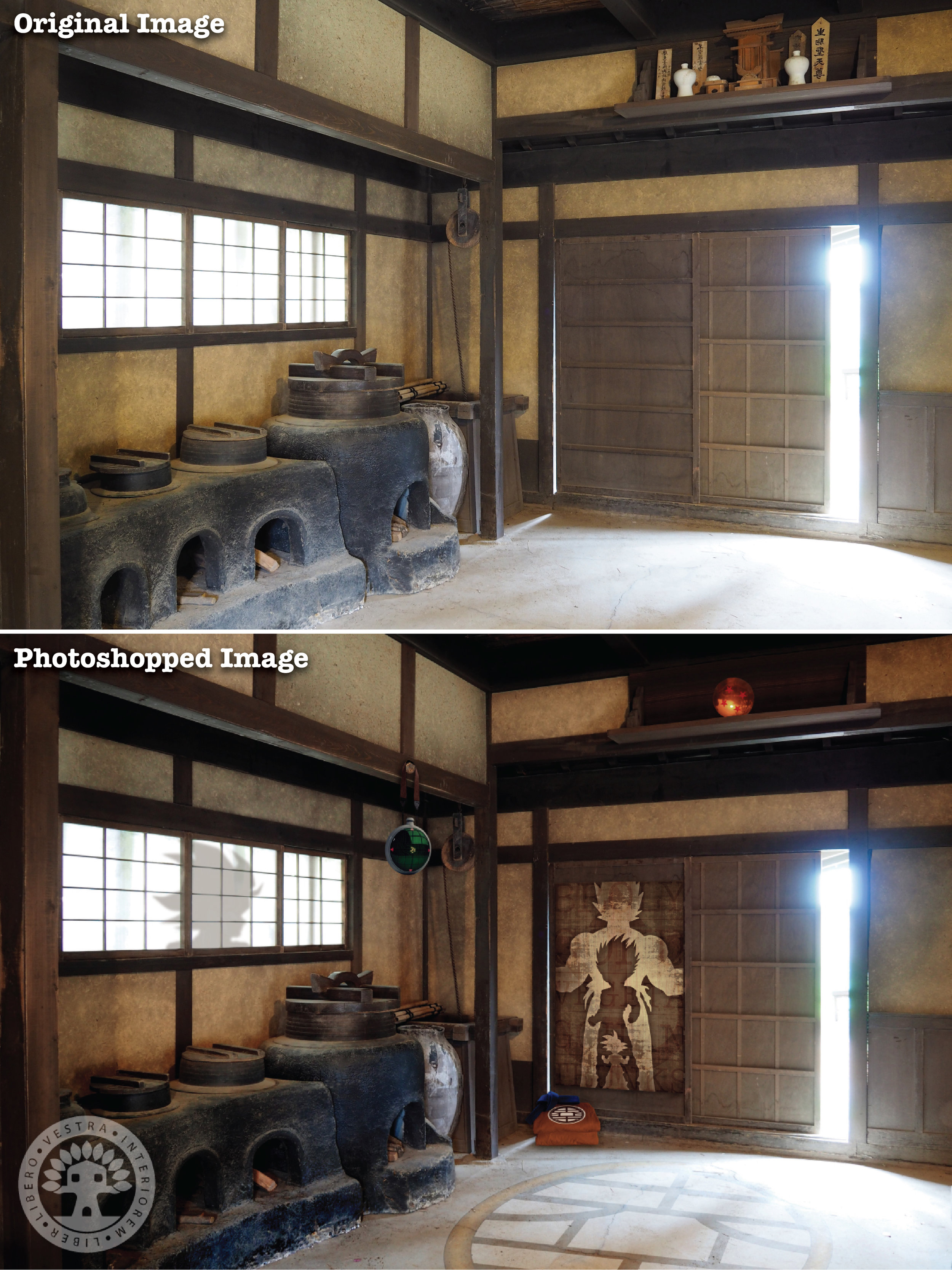 "Goku's Dojo" before and after Photoshop . ~ Corinne Jade, ClubHouse Collective